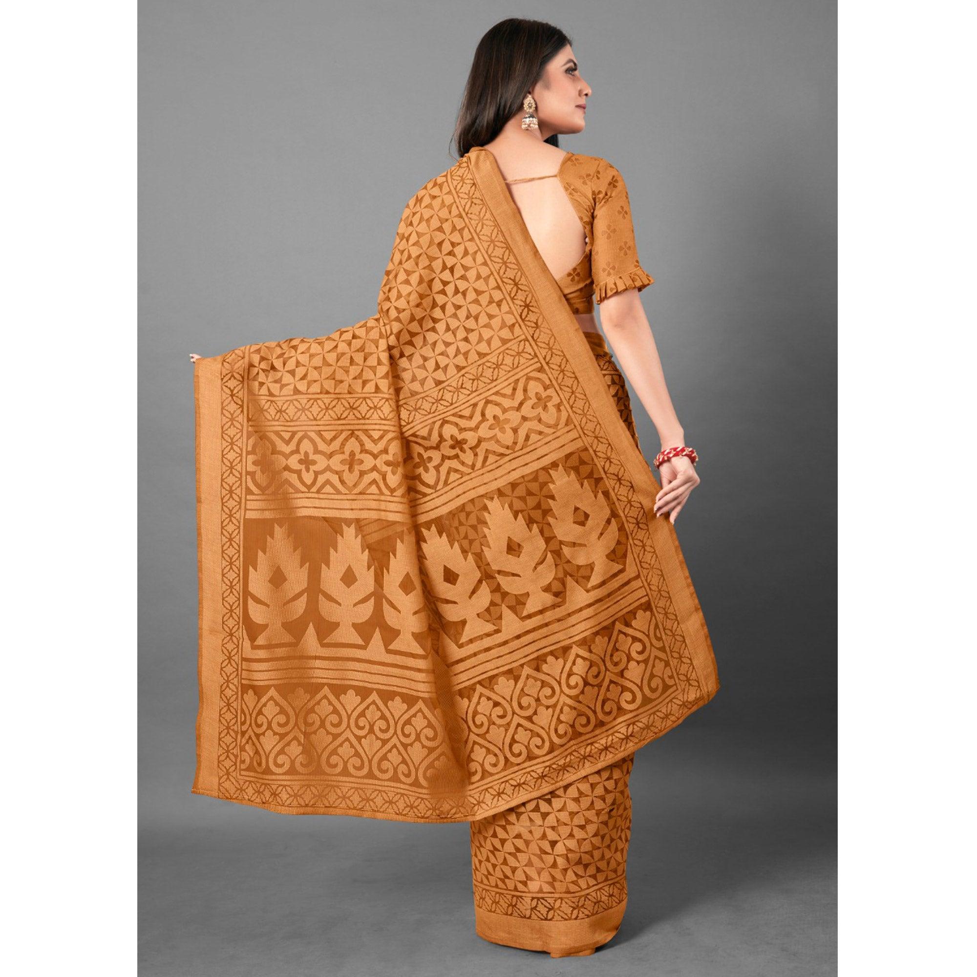 Mustard Casual Wear Geometric Brasso Saree - Peachmode