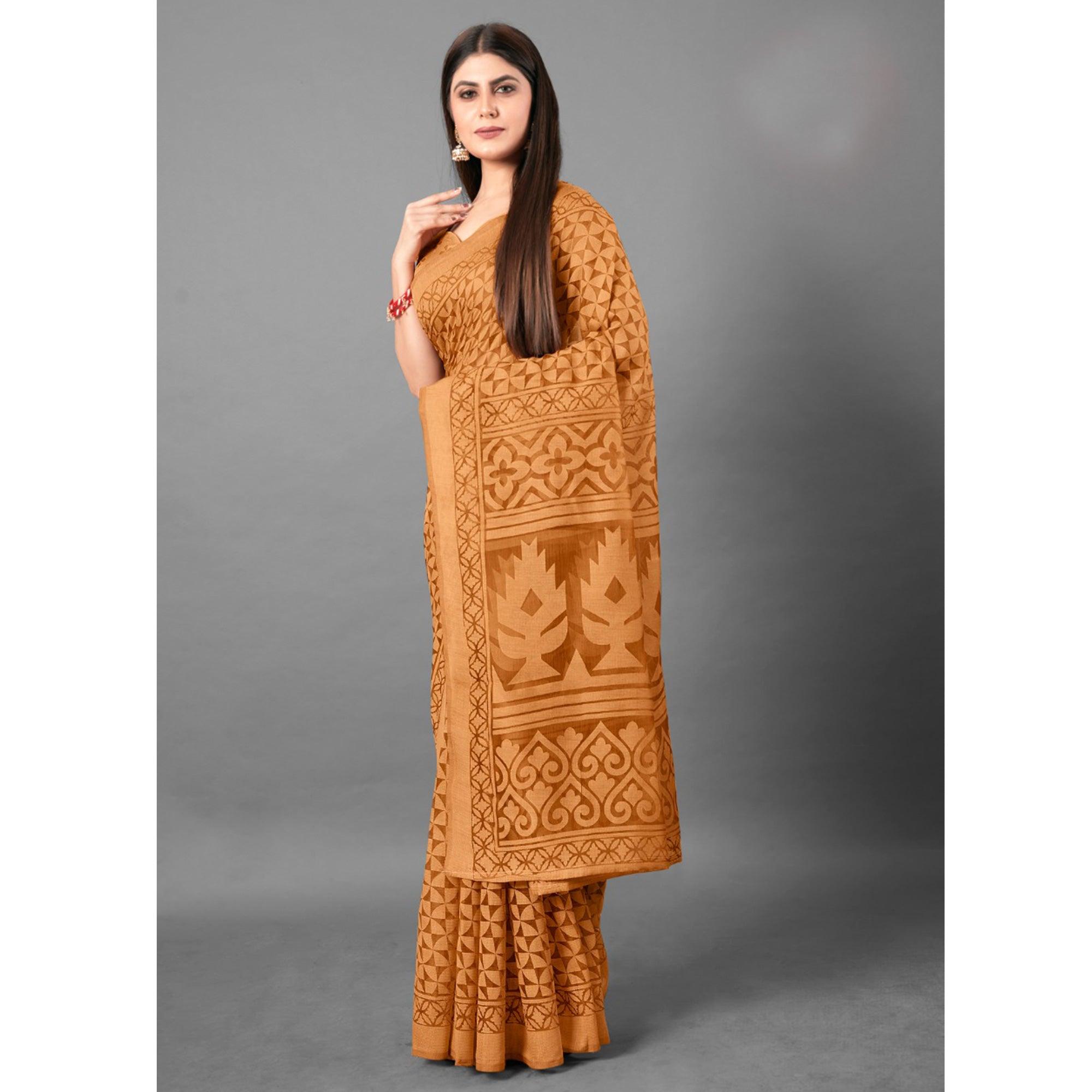 Mustard Casual Wear Geometric Brasso Saree - Peachmode