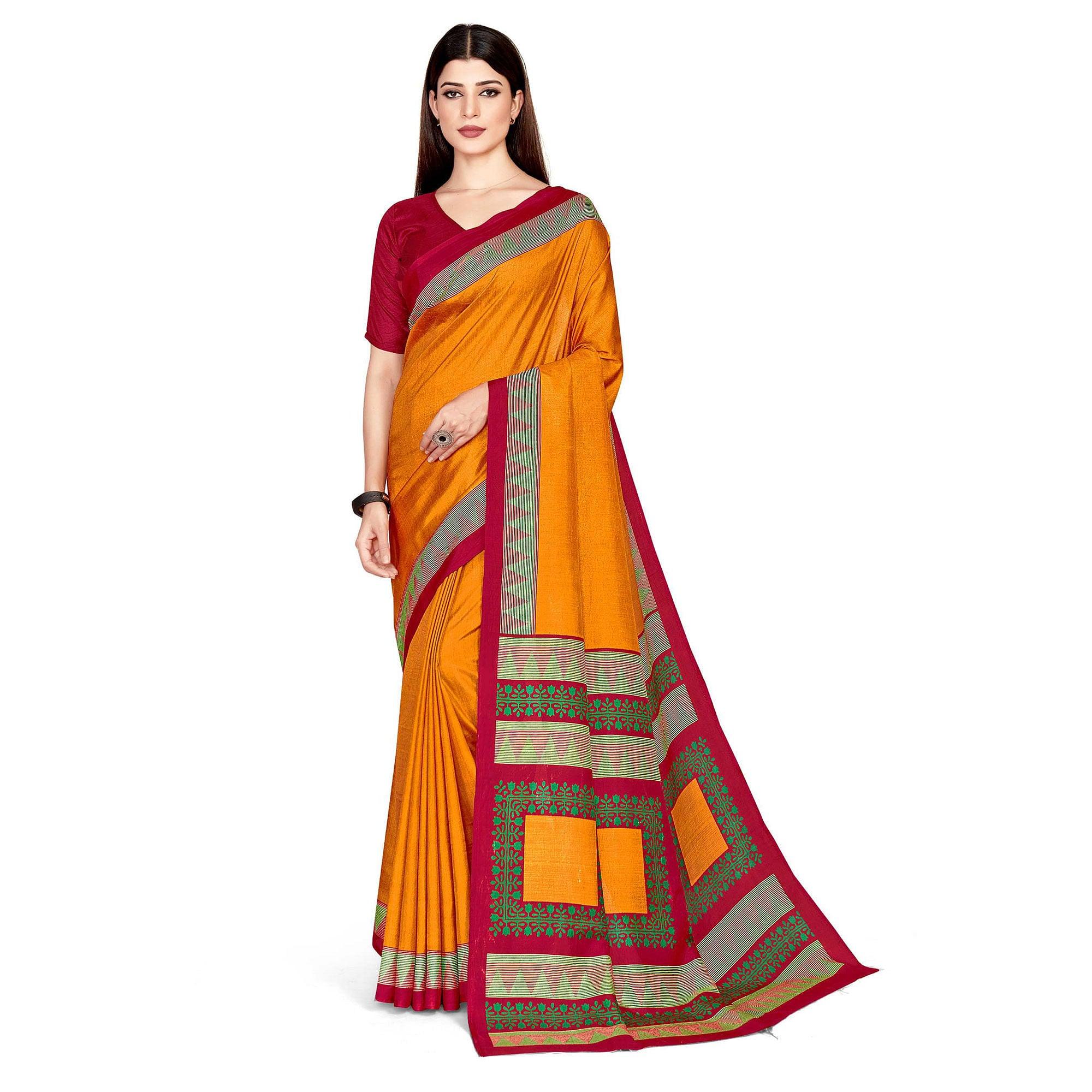 Mustard Casual Wear Printed Art Silk Saree - Peachmode