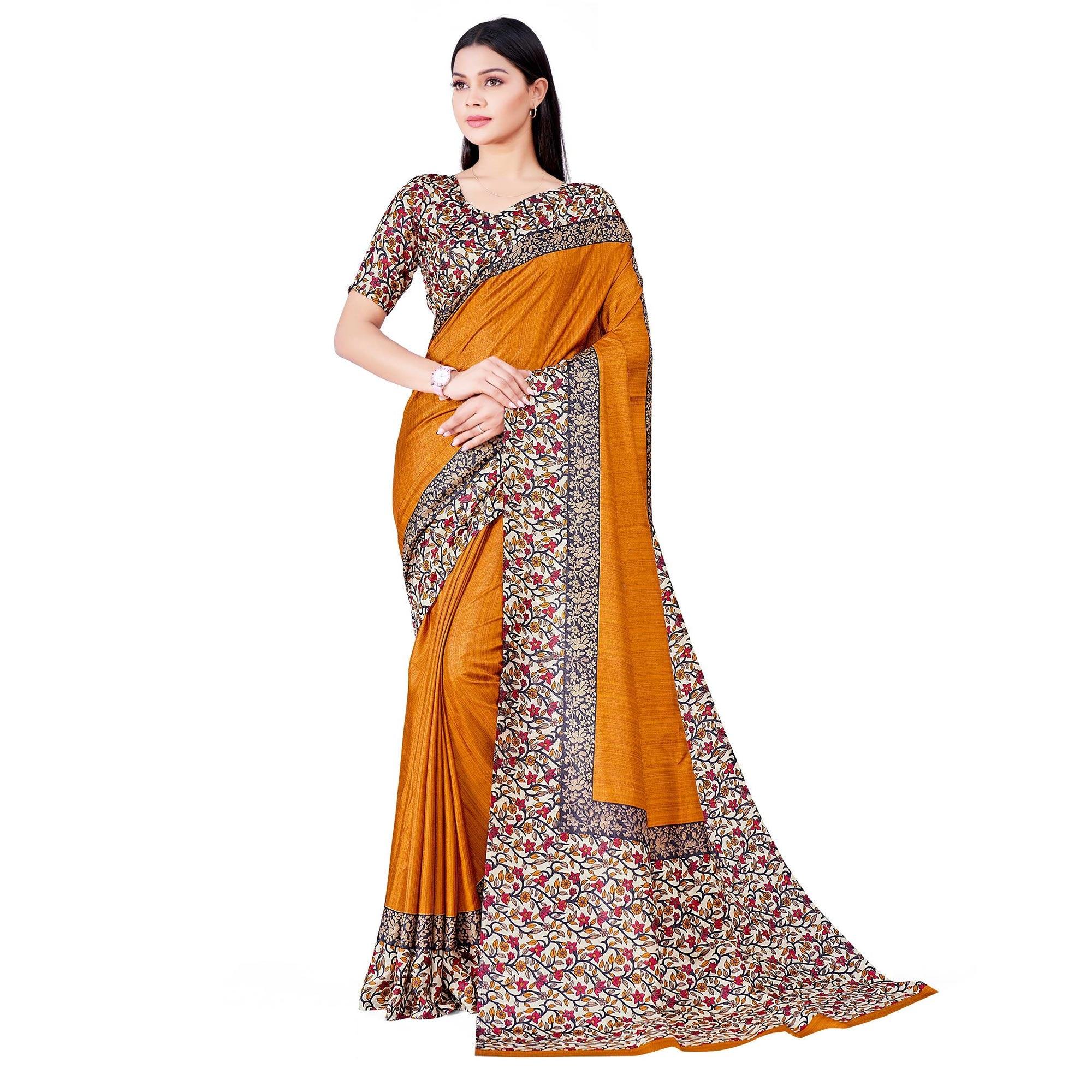 Mustard Casual Wear Printed Art Silk Saree - Peachmode