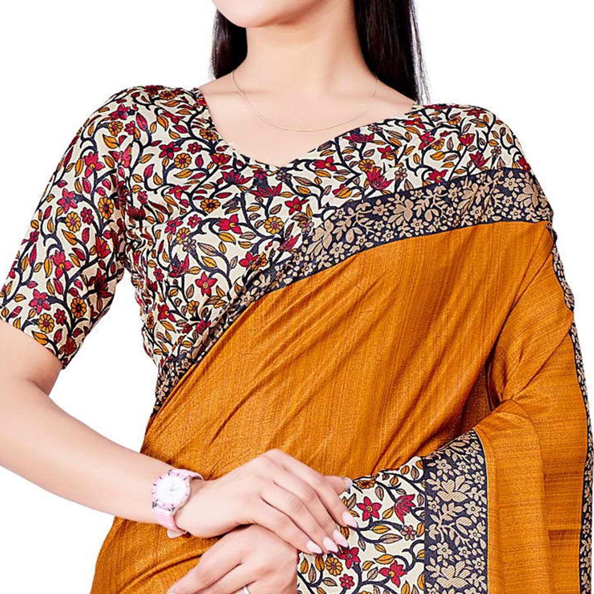 Mustard Casual Wear Printed Art Silk Saree - Peachmode
