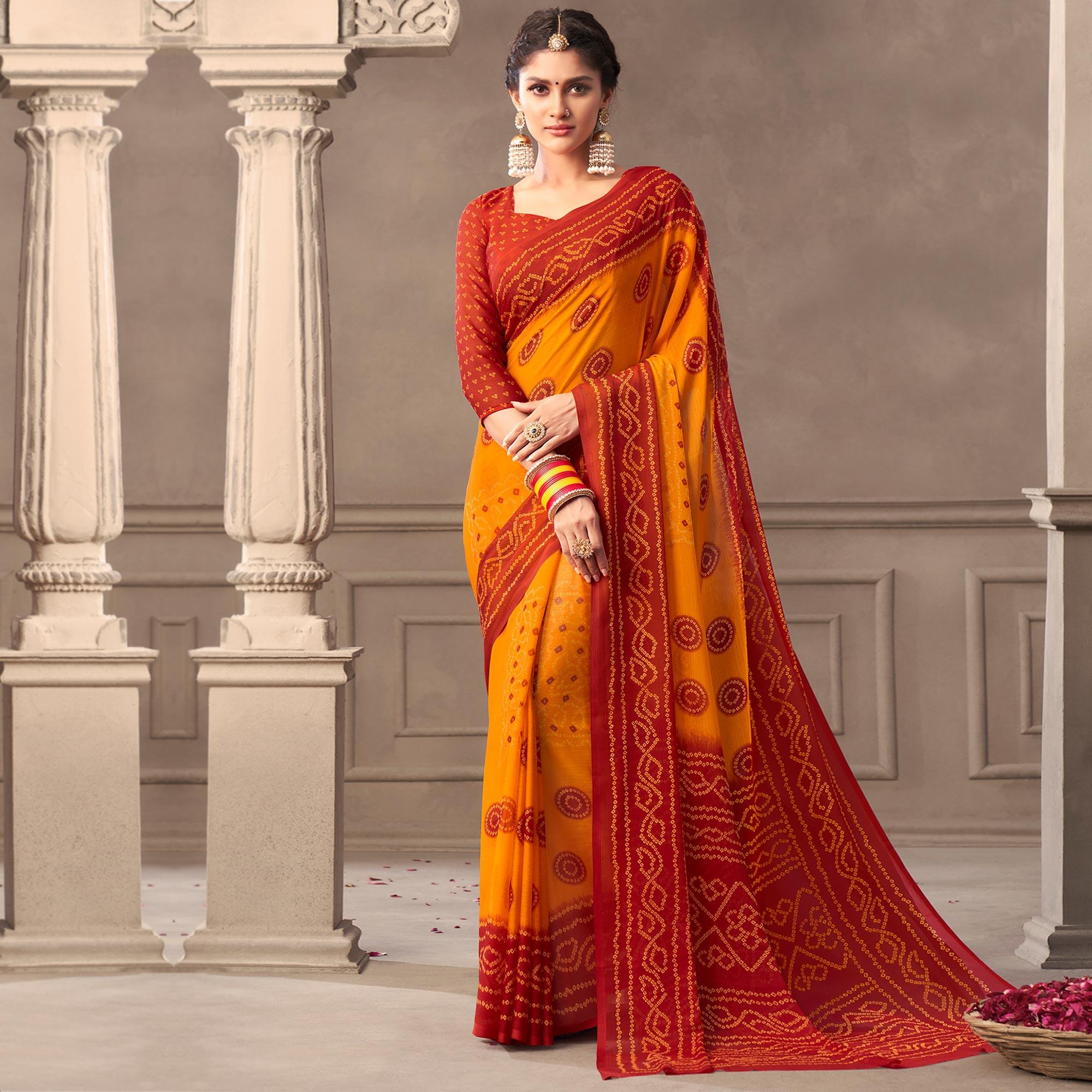 Mustard Casual Wear Printed Chiffon Saree - Peachmode