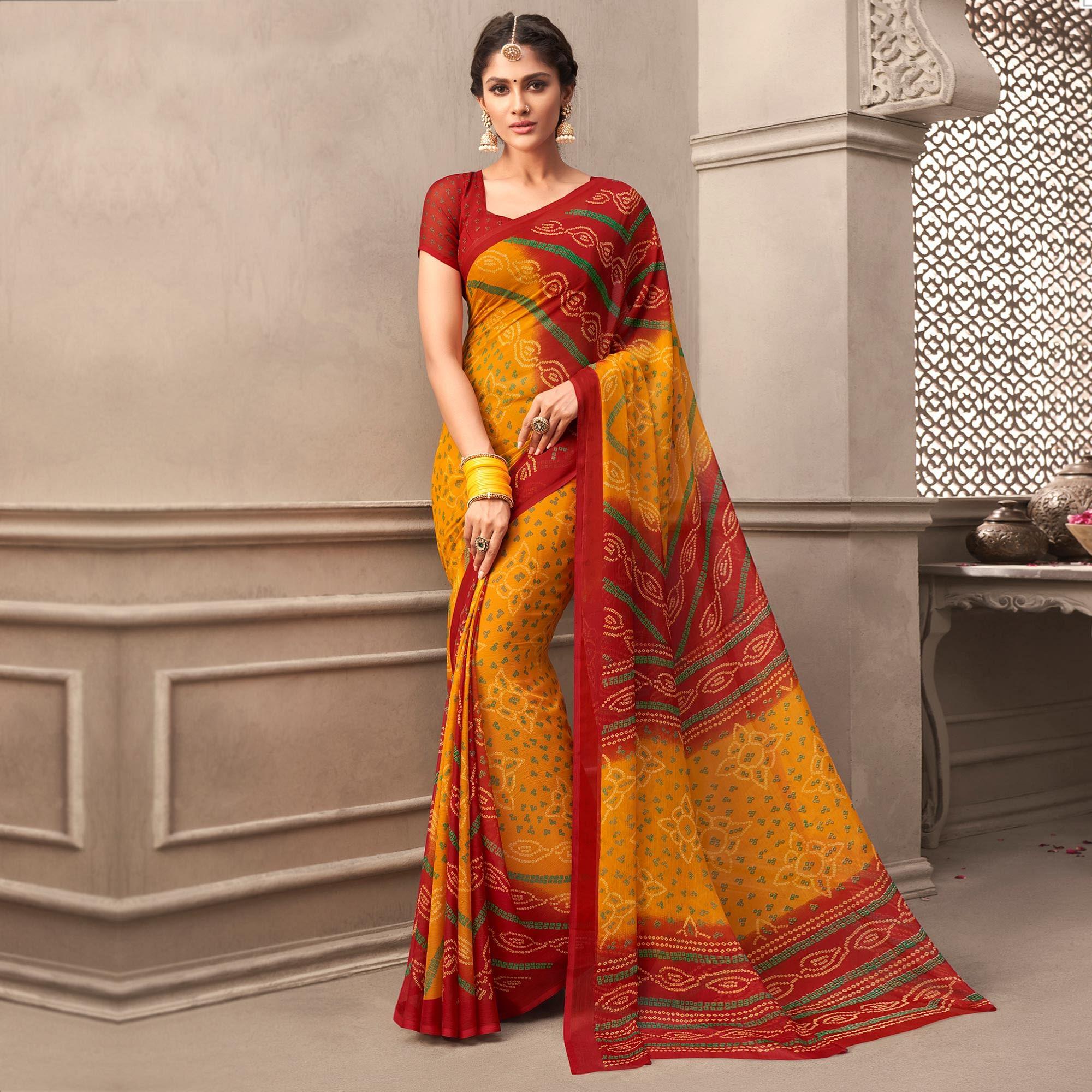 Mustard Casual Wear Printed Chiffon Saree - Peachmode