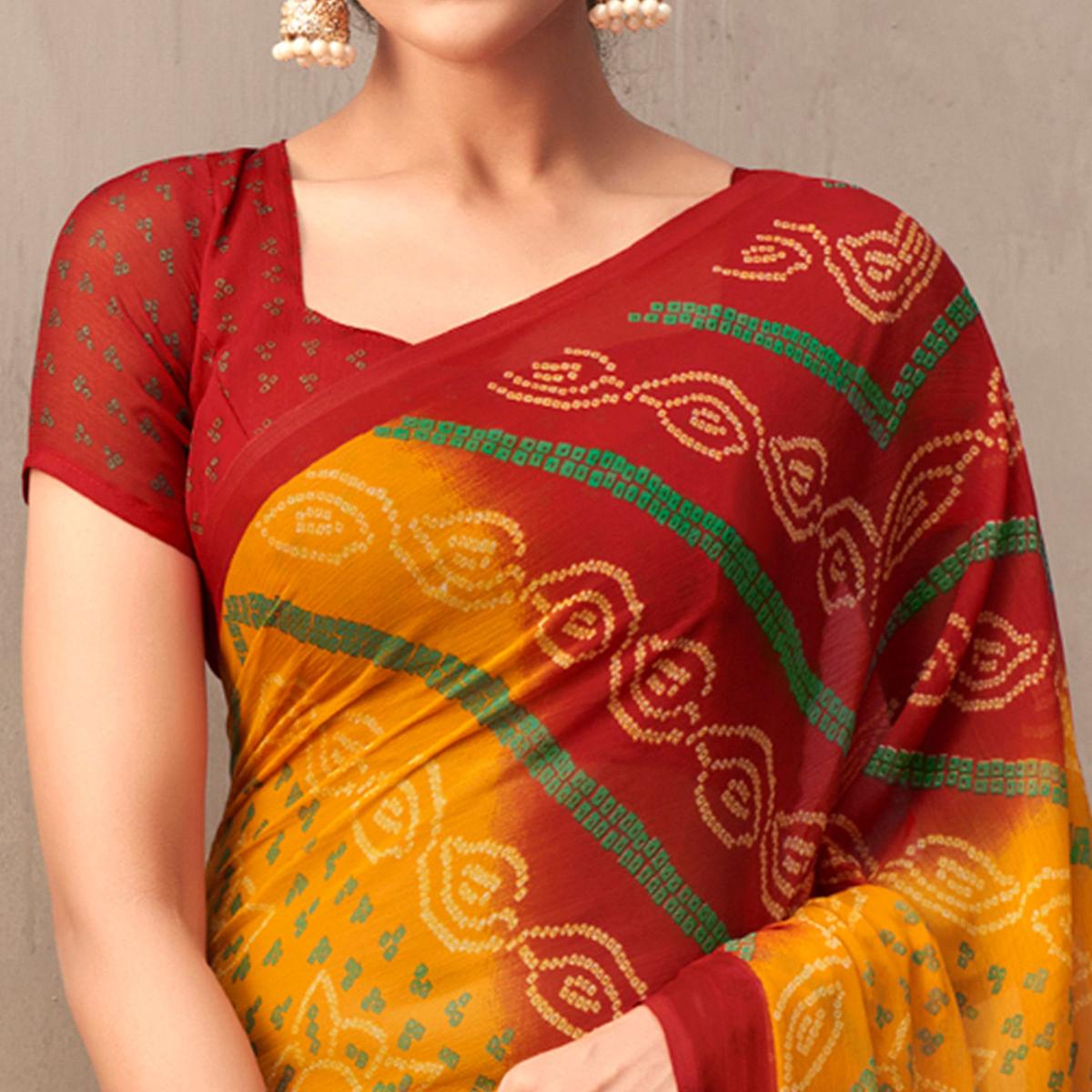 Mustard Casual Wear Printed Chiffon Saree - Peachmode