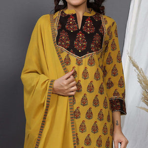Mustard Casual Wear Printed Cotton Kurti - Pant Set With Dupatta - Peachmode