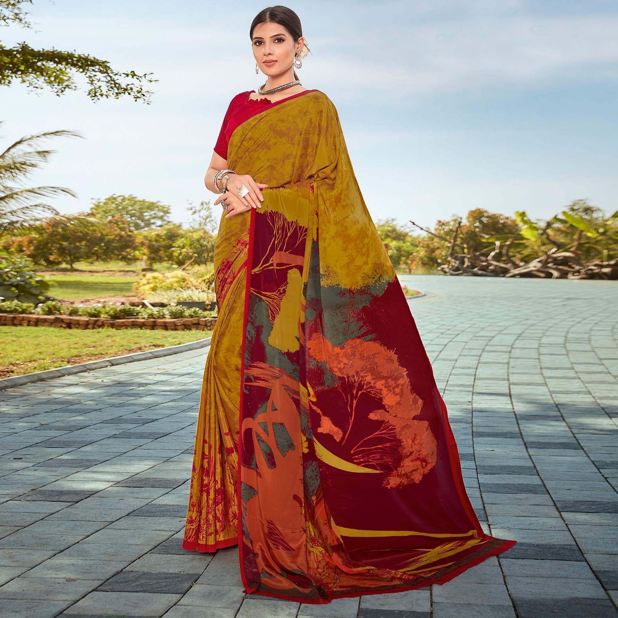 Mustard Casual Wear Printed Crepe Saree - Peachmode