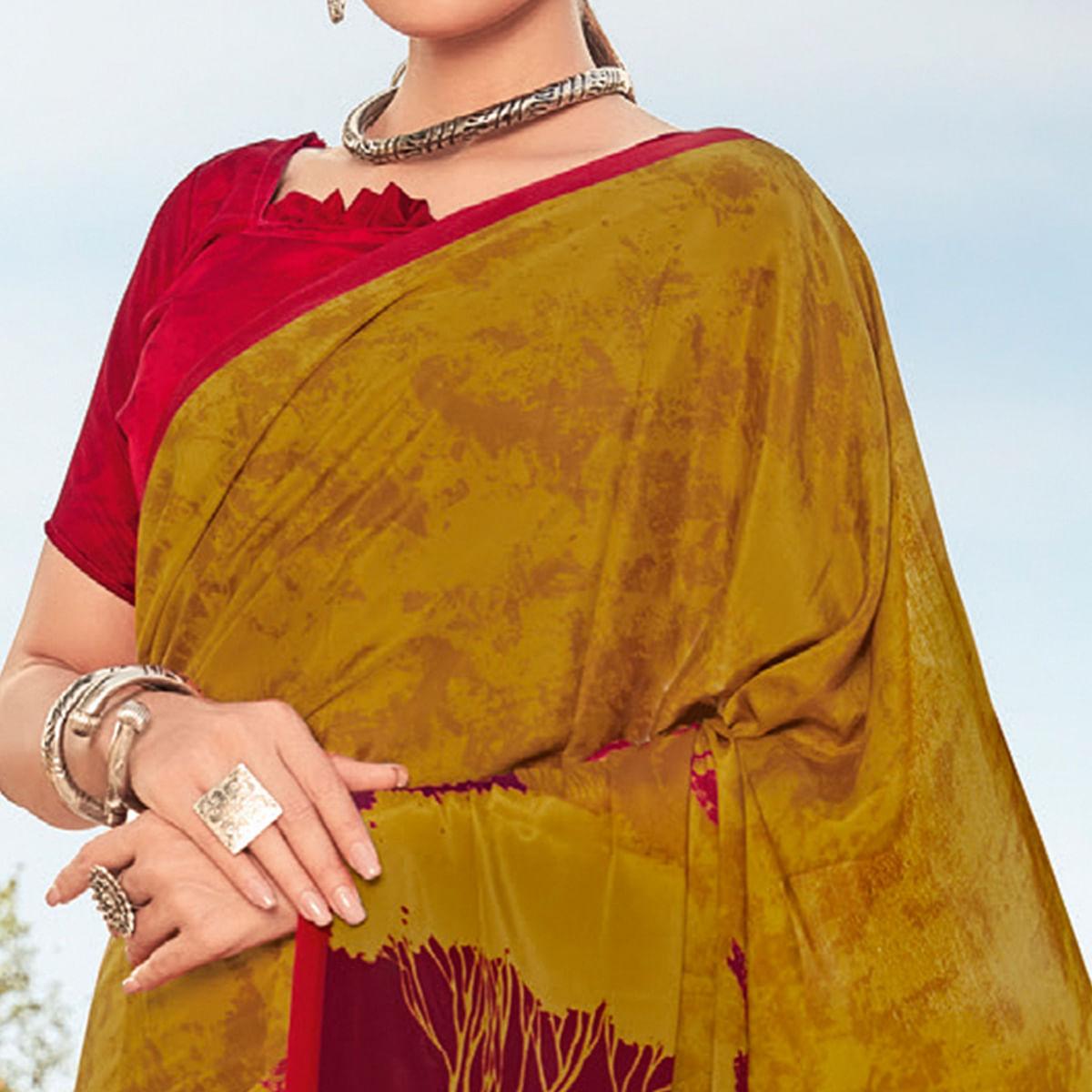 Mustard Casual Wear Printed Crepe Saree - Peachmode