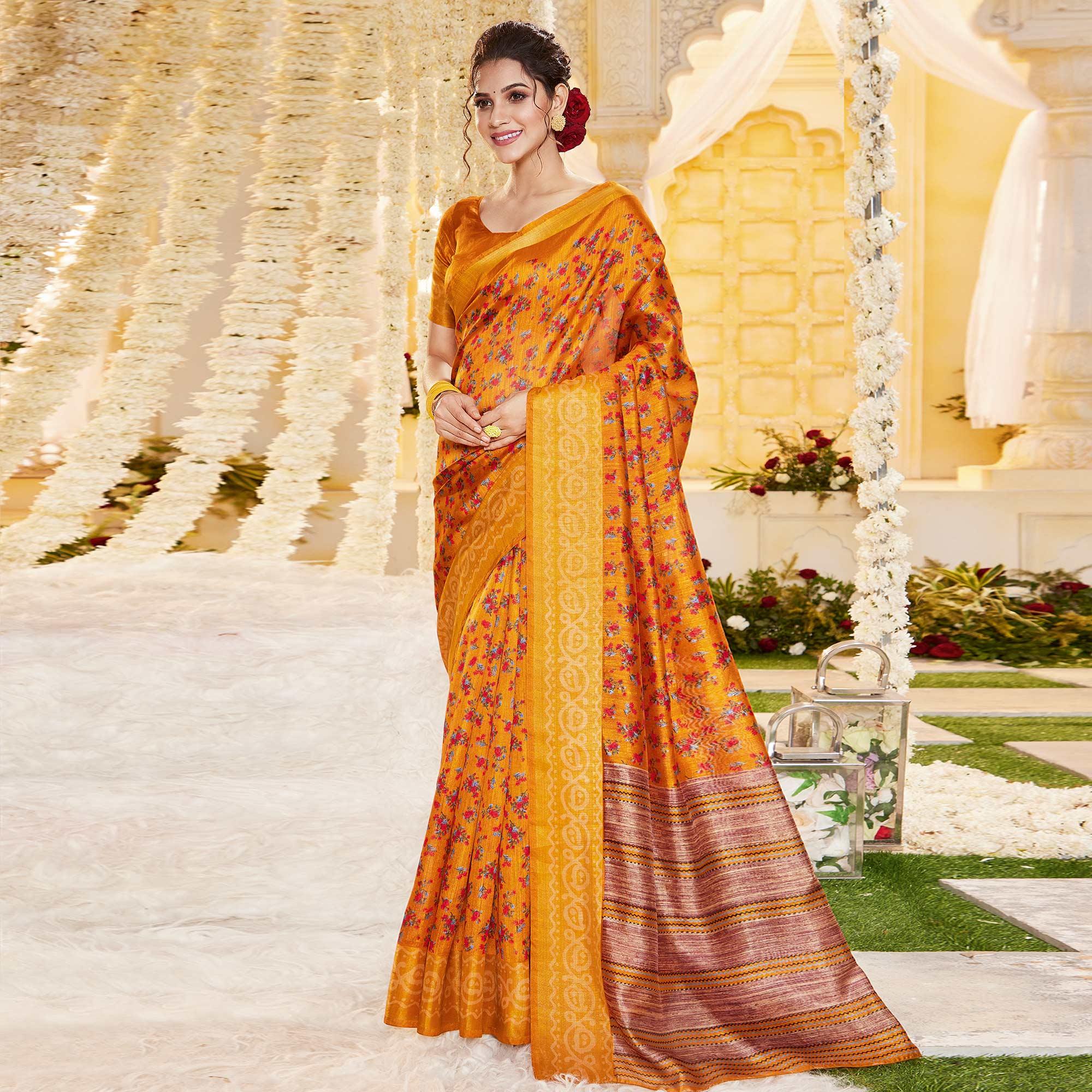 Mustard Casual Wear Printed Crystal Silk Saree - Peachmode