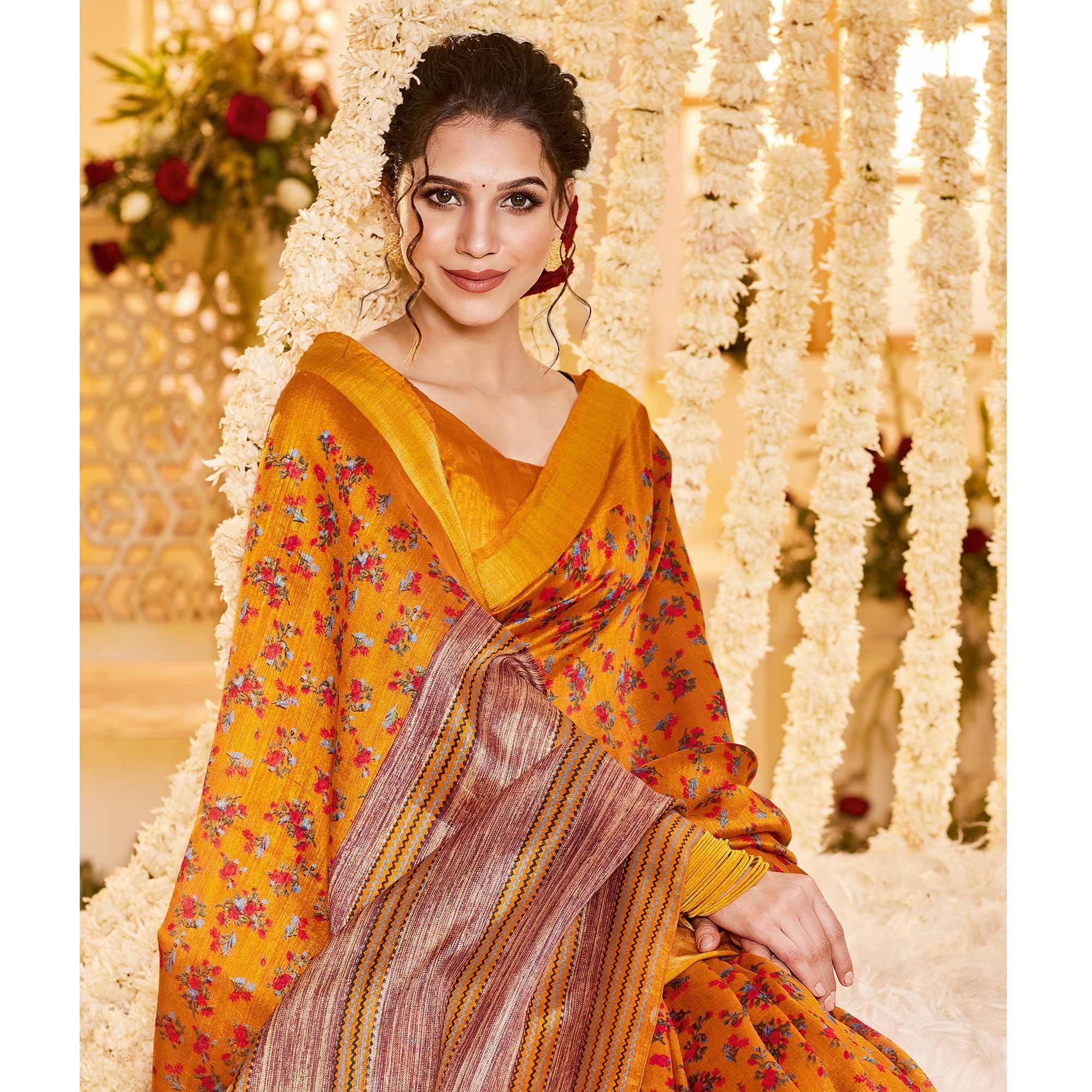 Mustard Casual Wear Printed Crystal Silk Saree - Peachmode