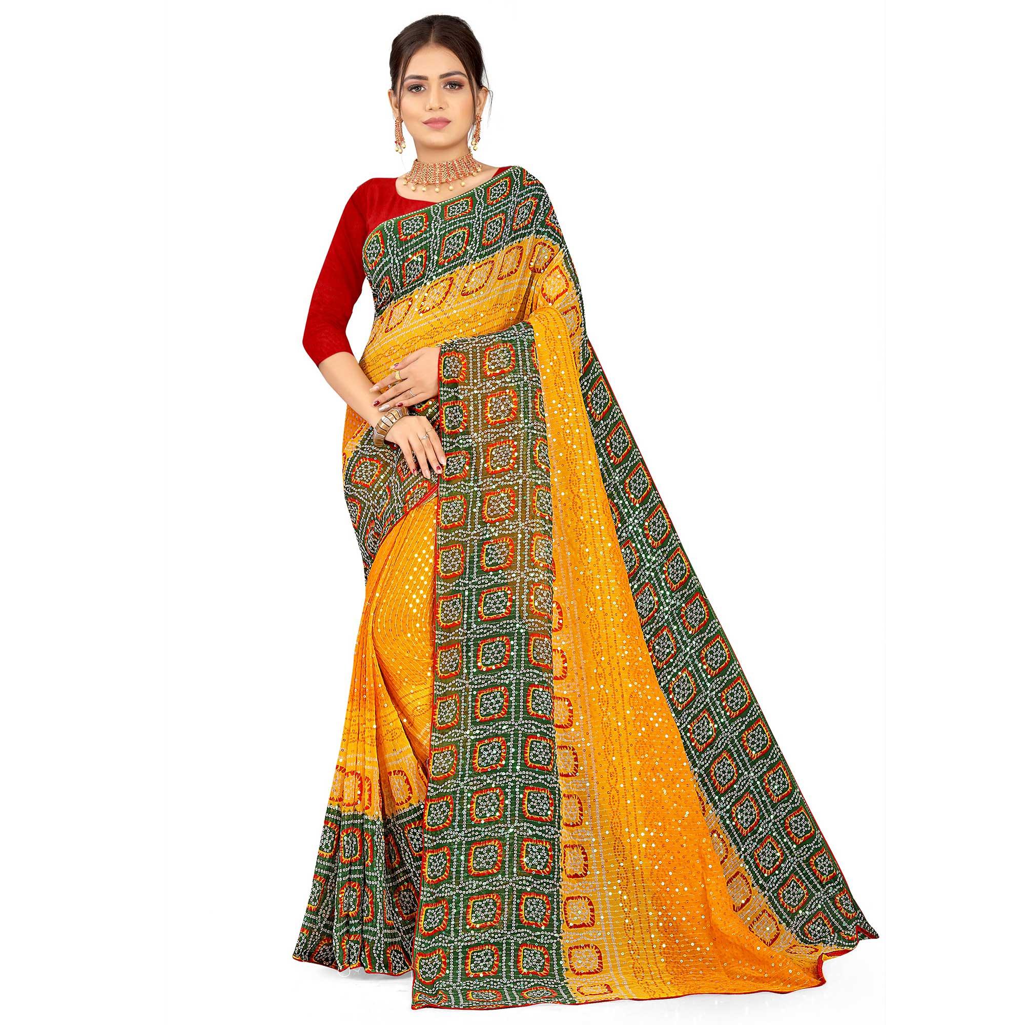 Mustard Casual Wear Printed Georgette Saree - Peachmode
