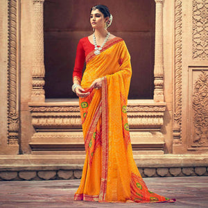 Mustard Casual Wear Printed Georgette Saree - Peachmode