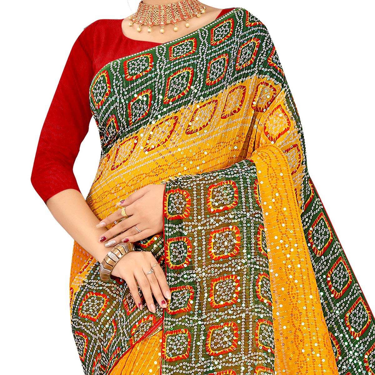 Mustard Casual Wear Printed Georgette Saree - Peachmode
