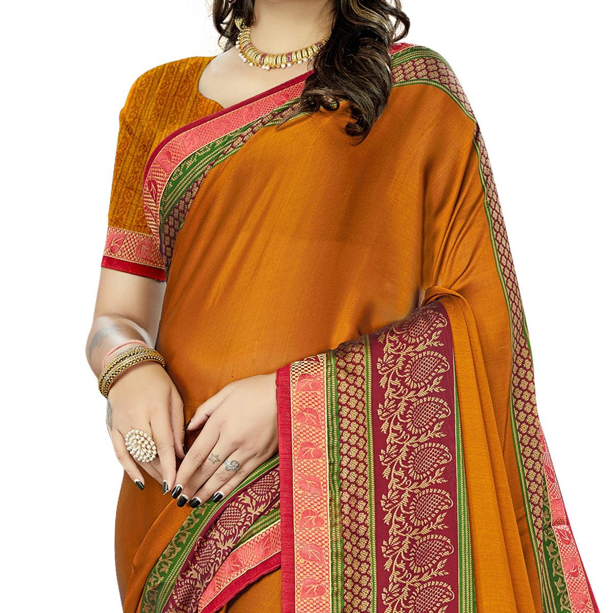 Mustard Casual Wear Printed Rangoli Silk Saree - Peachmode