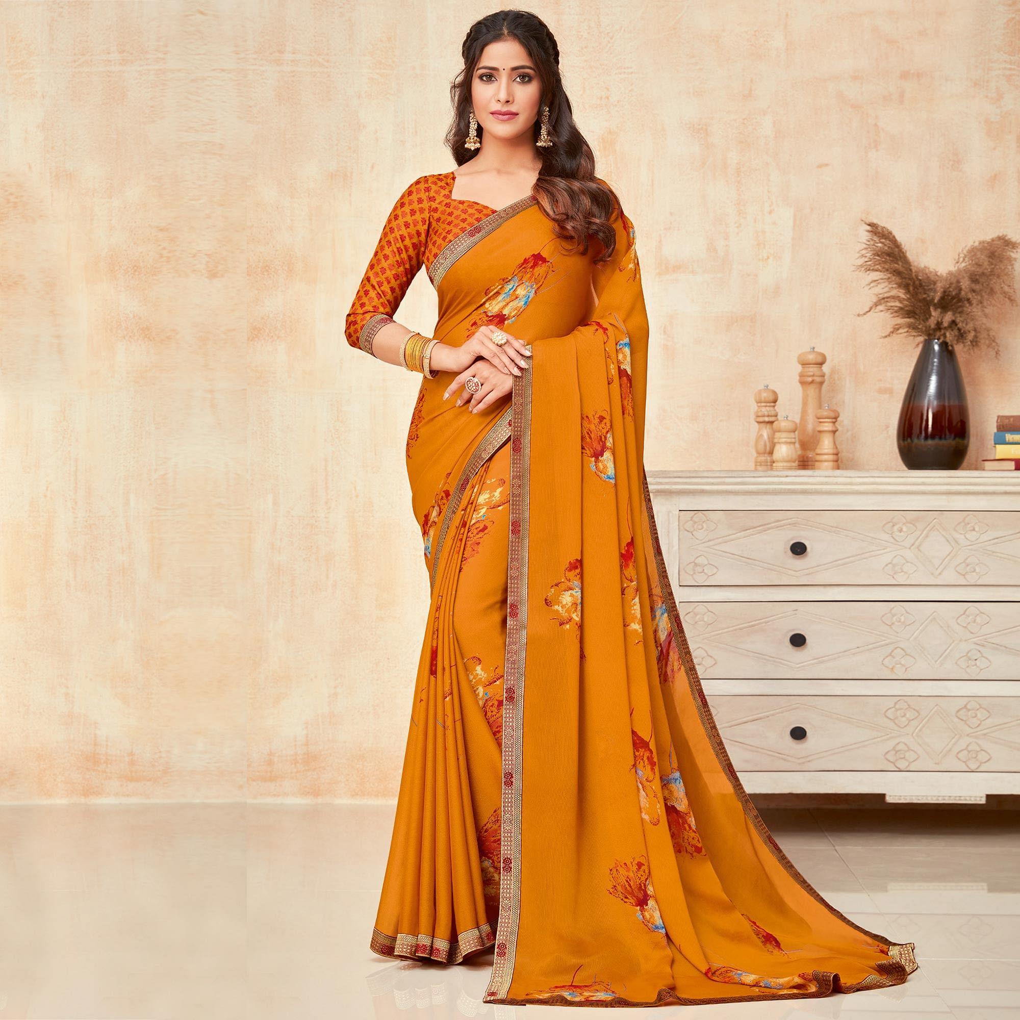 Mustard Casual Wear Printed Silk Saree - Peachmode