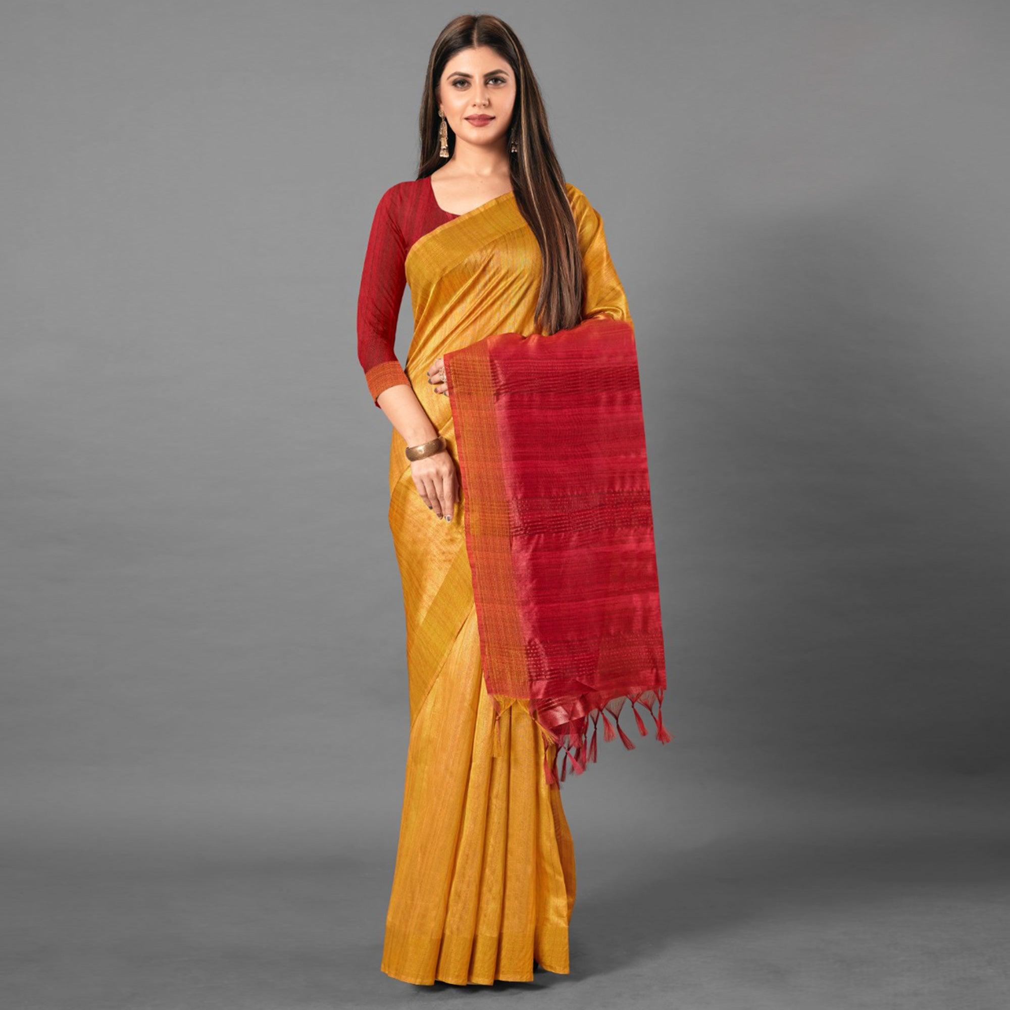 Mustard Casual Wear Solid Cotton silk Saree - Peachmode