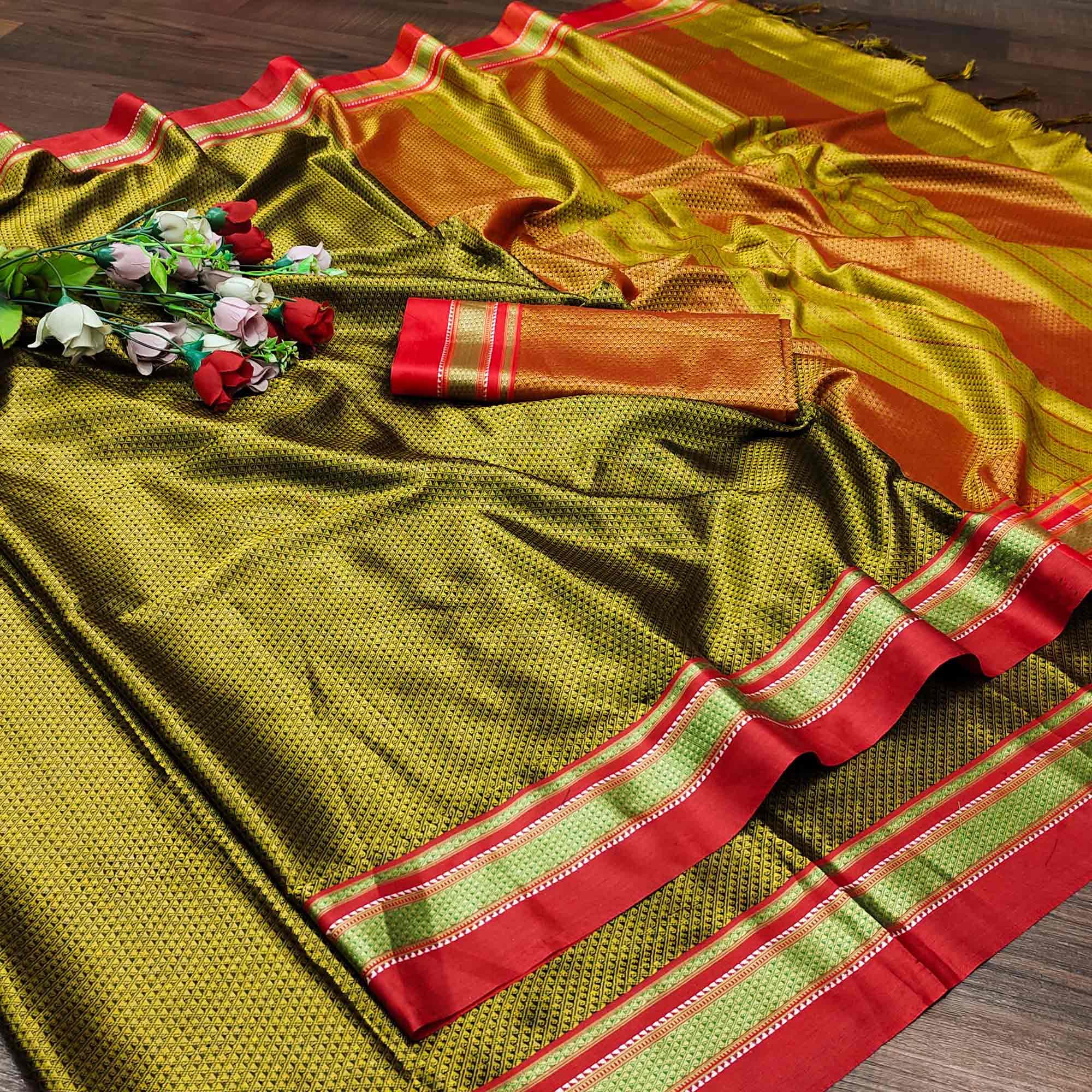 Mustard Casual Wear Woven Designer Khan Art Silk Saree - Peachmode