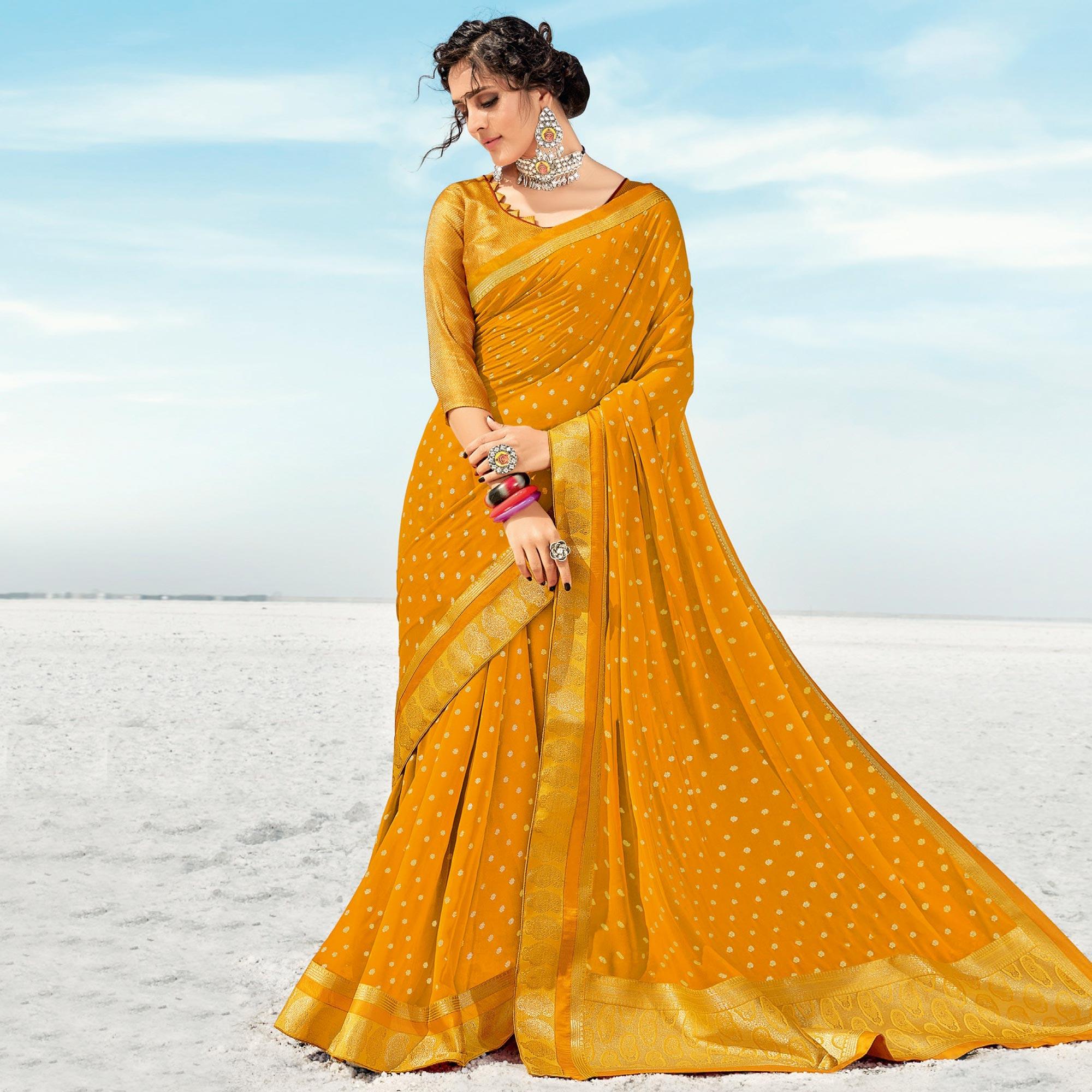 Mustard Casual Wear Woven Georgette Saree - Peachmode