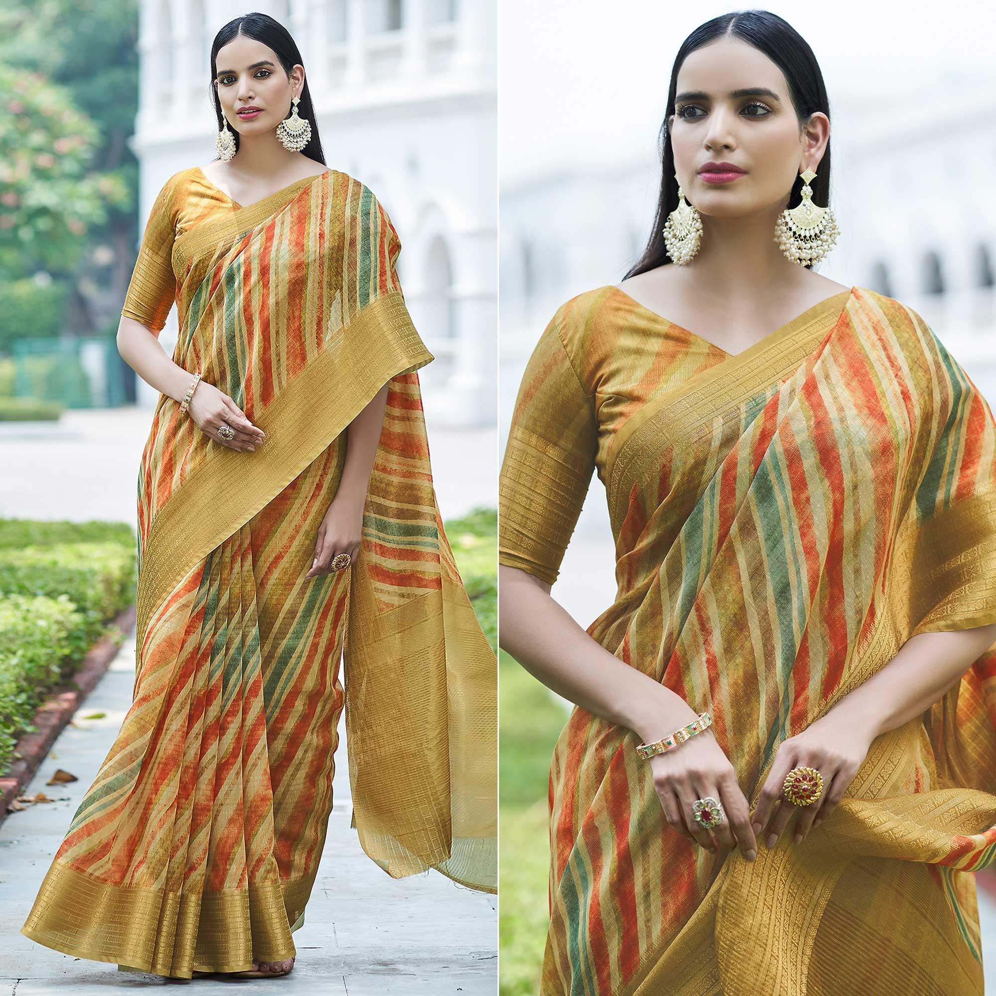 Mustard Digital Printed Linen Saree - Peachmode
