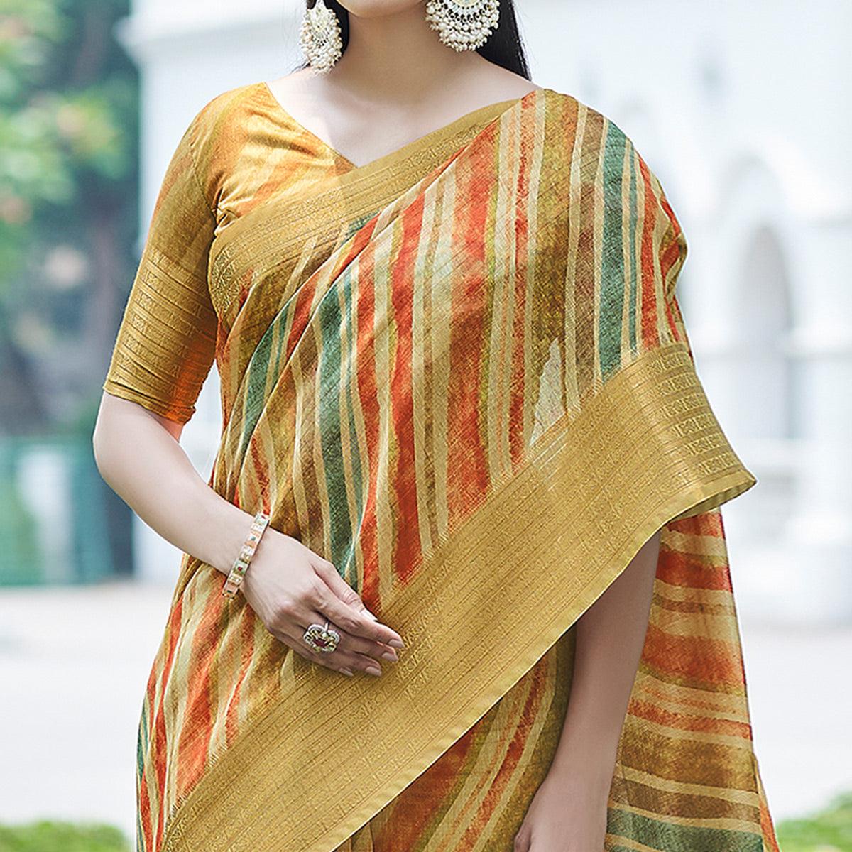Mustard Digital Printed Linen Saree - Peachmode