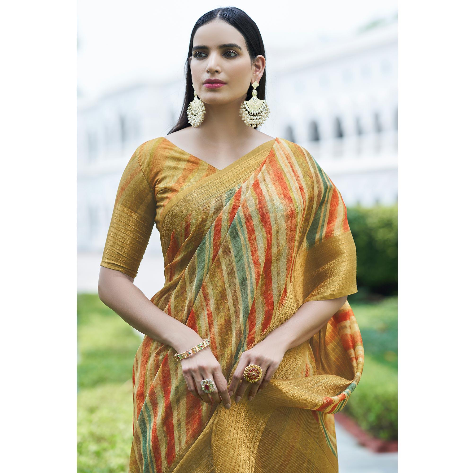 Mustard Digital Printed Linen Saree - Peachmode