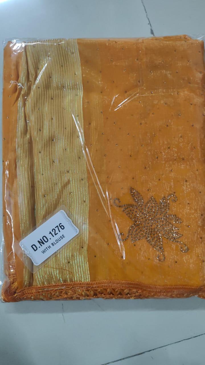 Mustard Embellished Georgette Saree With Tassels - Peachmode