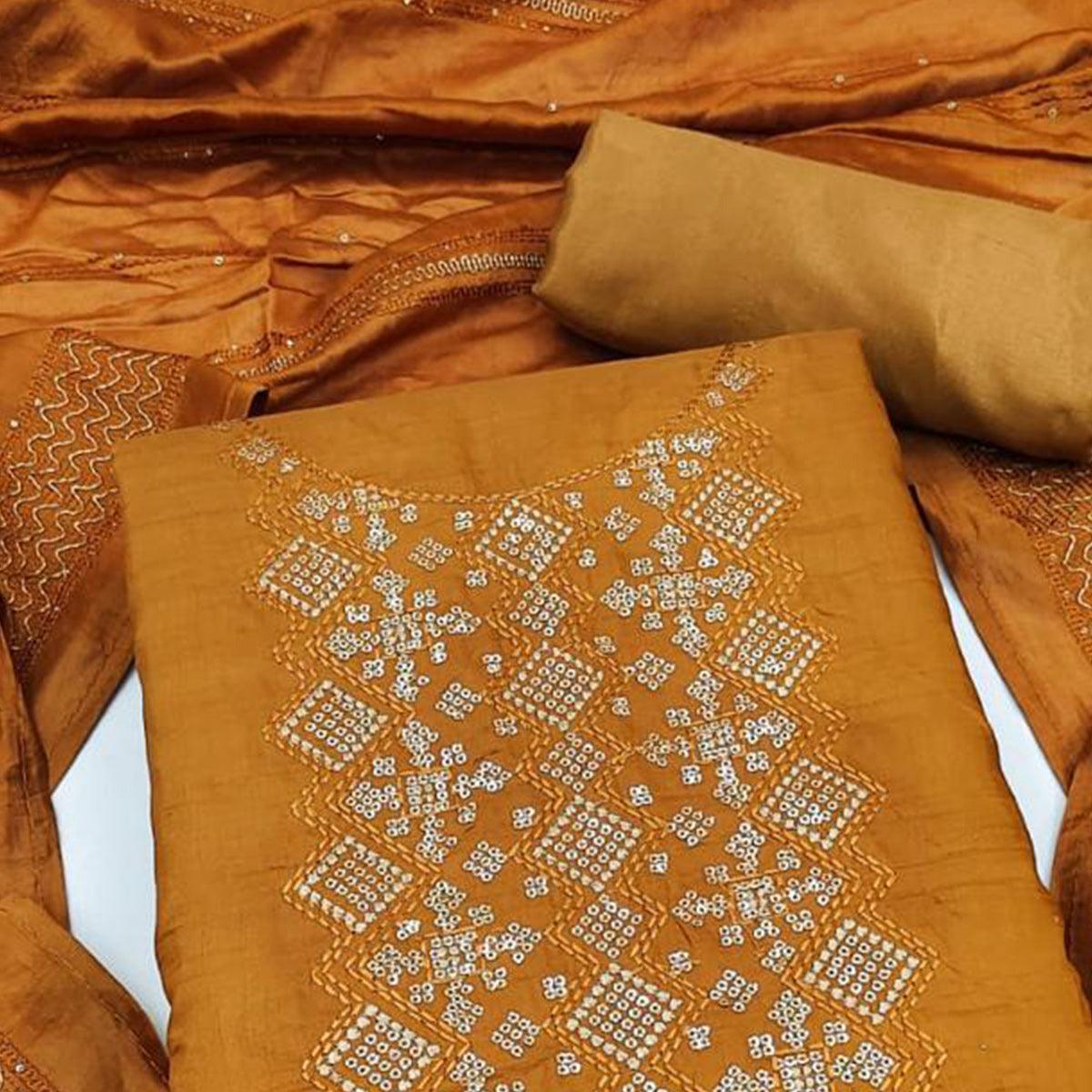 Mustard Embroidered Art Silk Dress Material - Peachmode
