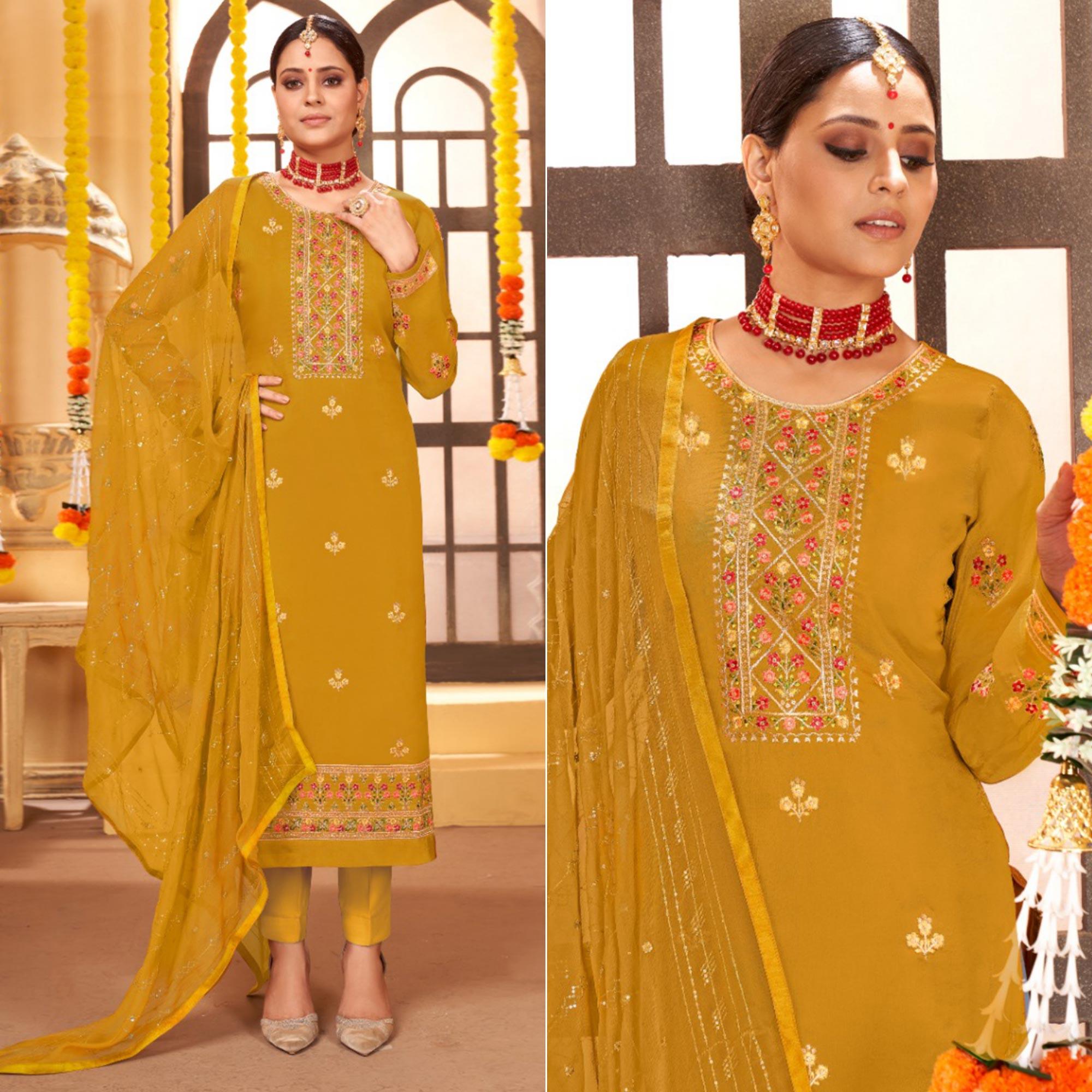 Mustard Embroidered Art Silk Salwar Suit - Peachmode