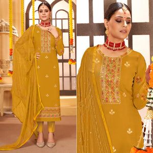 Mustard Embroidered Art Silk Salwar Suit - Peachmode
