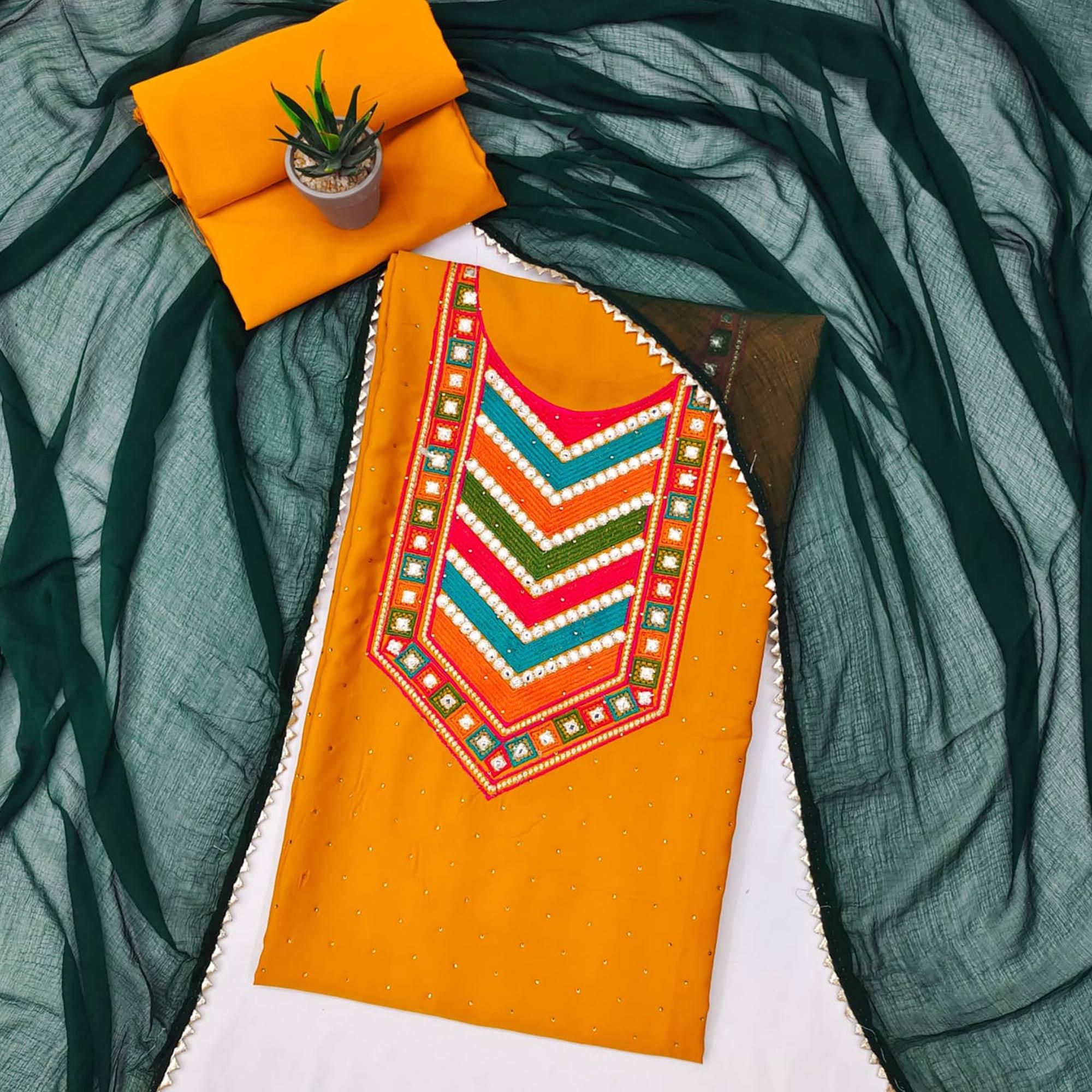 Mustard Embroidered Chanderi Dress Material - Peachmode