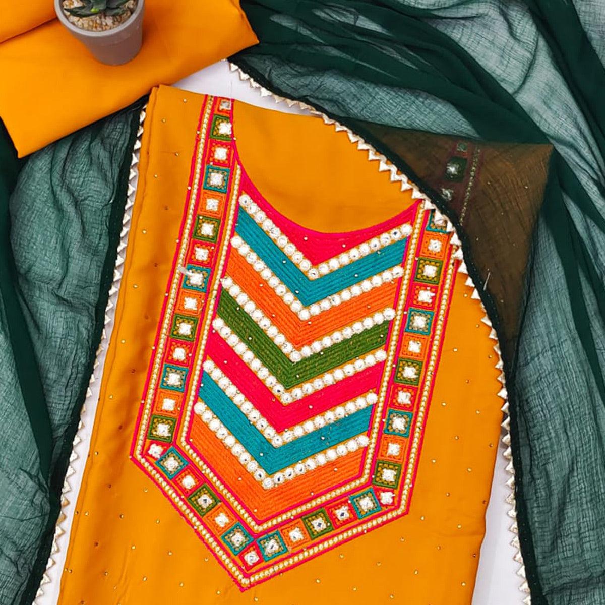 Mustard Embroidered Chanderi Dress Material - Peachmode