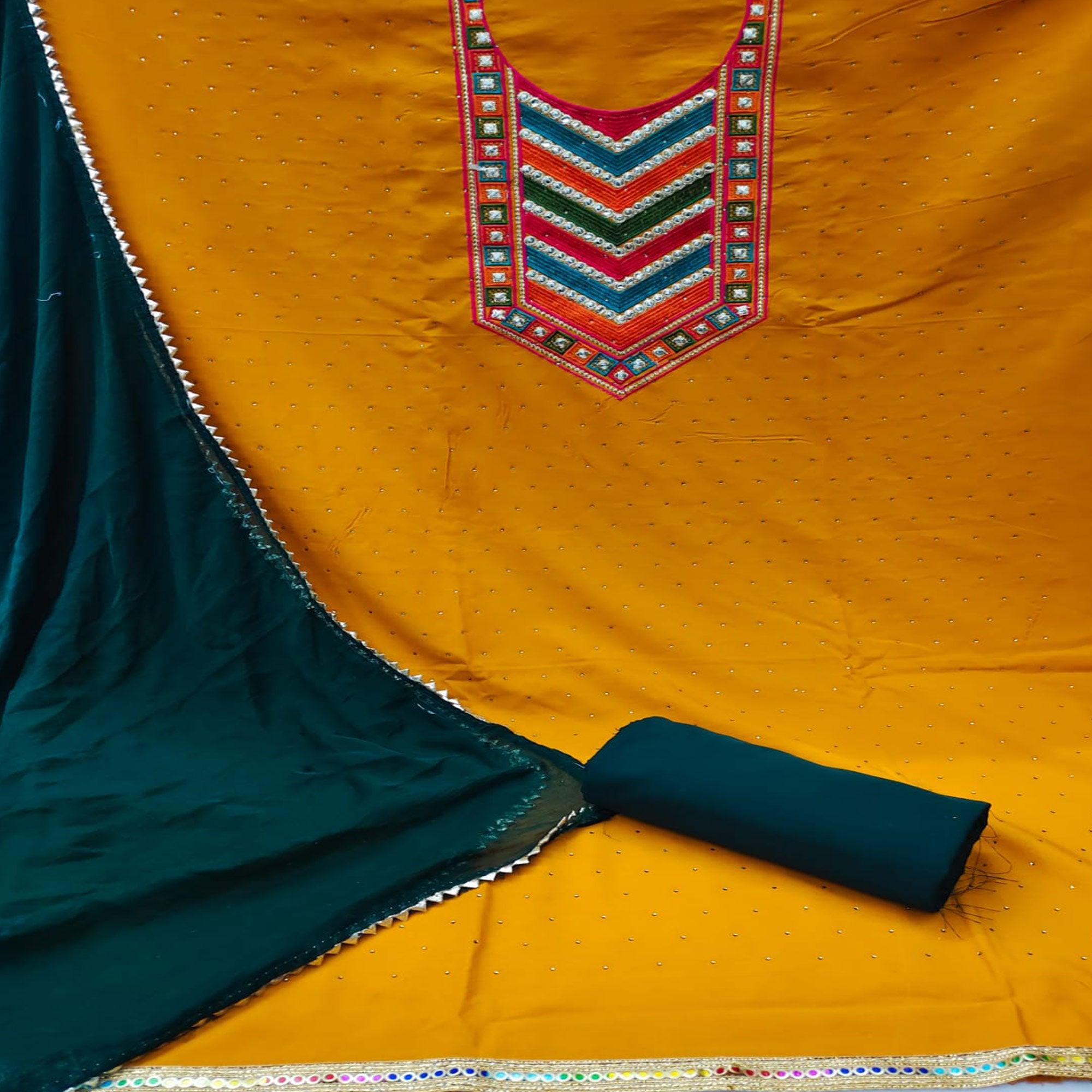 Mustard Embroidered Chanderi Dress Material - Peachmode