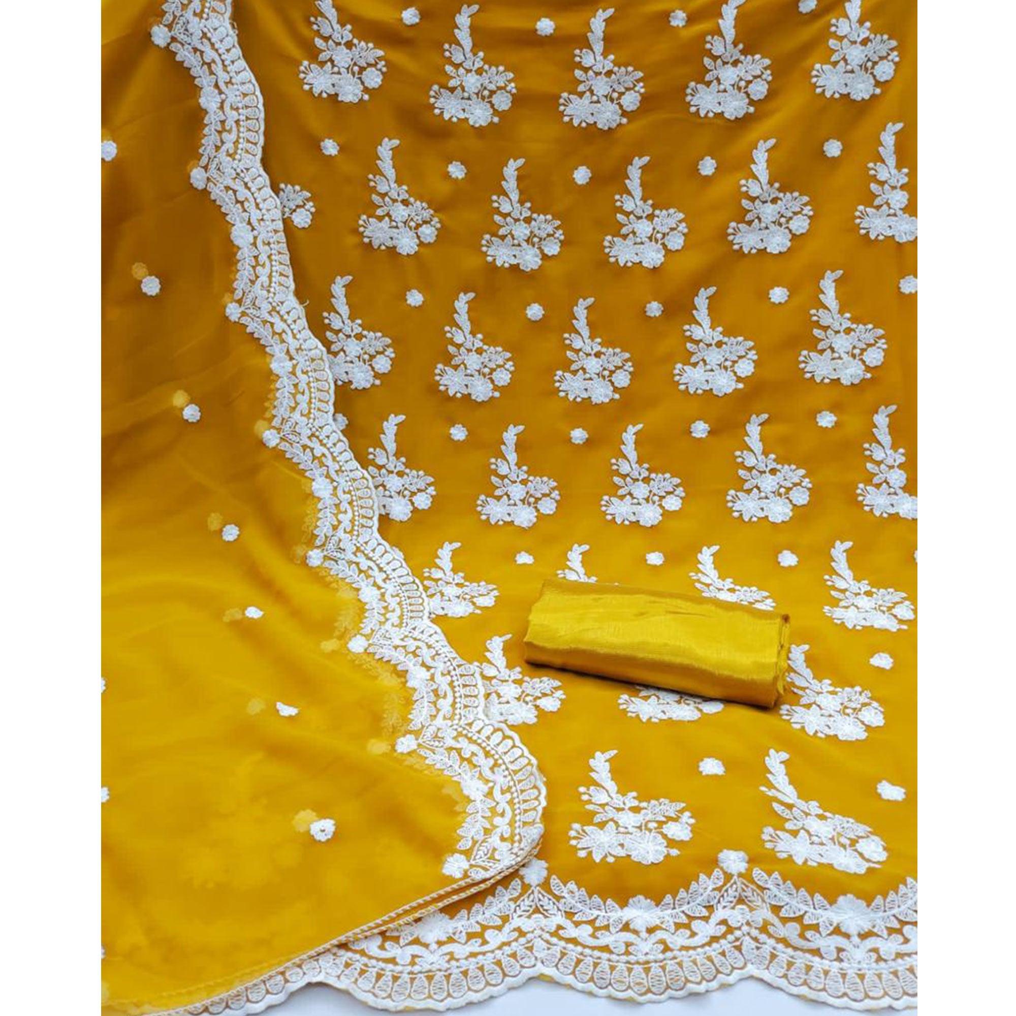 Mustard Embroidered Georgette Dress Material - Peachmode