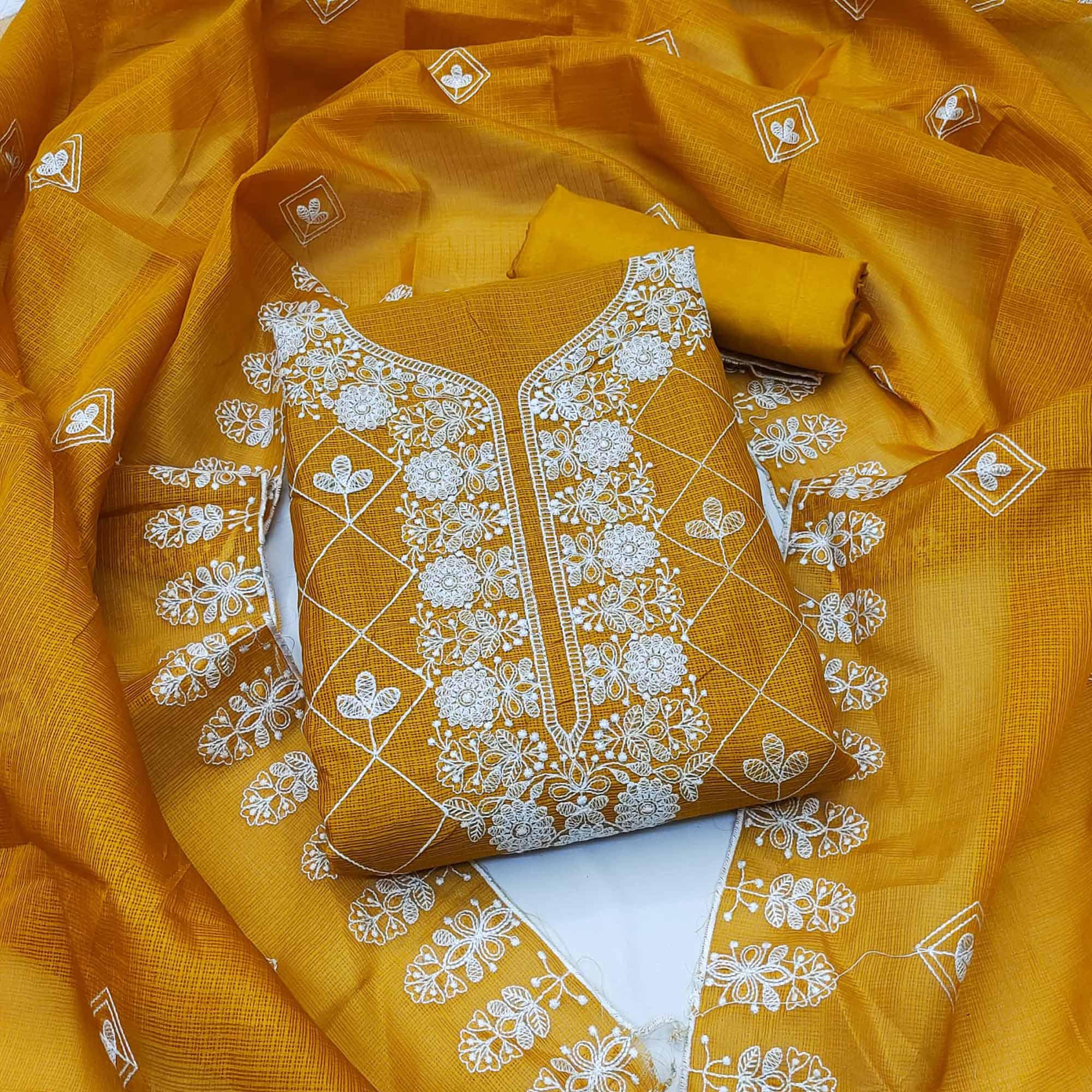 Mustard Embroidered Kota Doria Dress Material - Peachmode