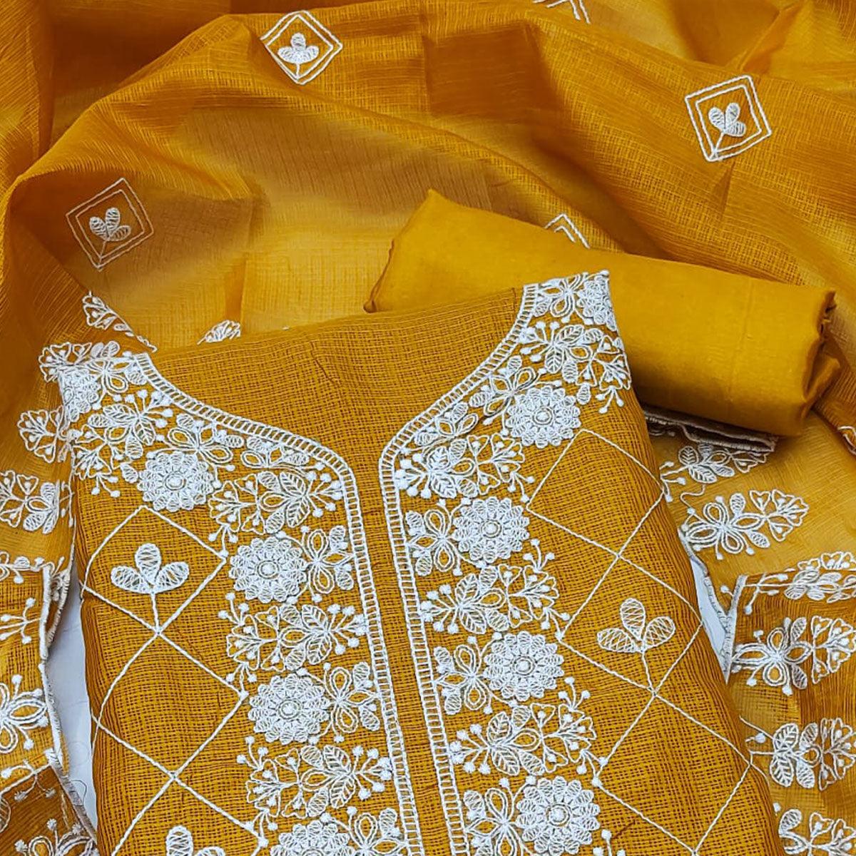 Mustard Embroidered Kota Doria Dress Material - Peachmode