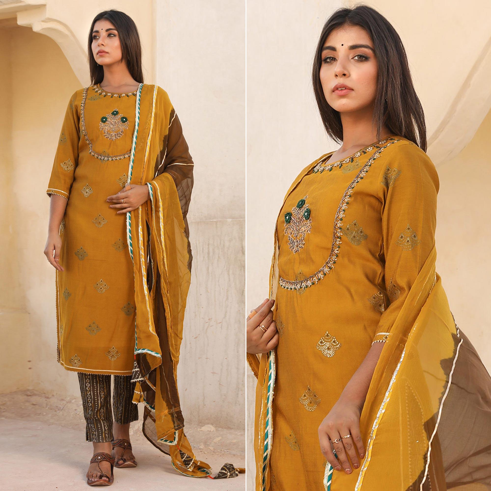 Mustard Embroidered Partywear Cotton Silk Kurti Pant Set With Dupatta - Peachmode