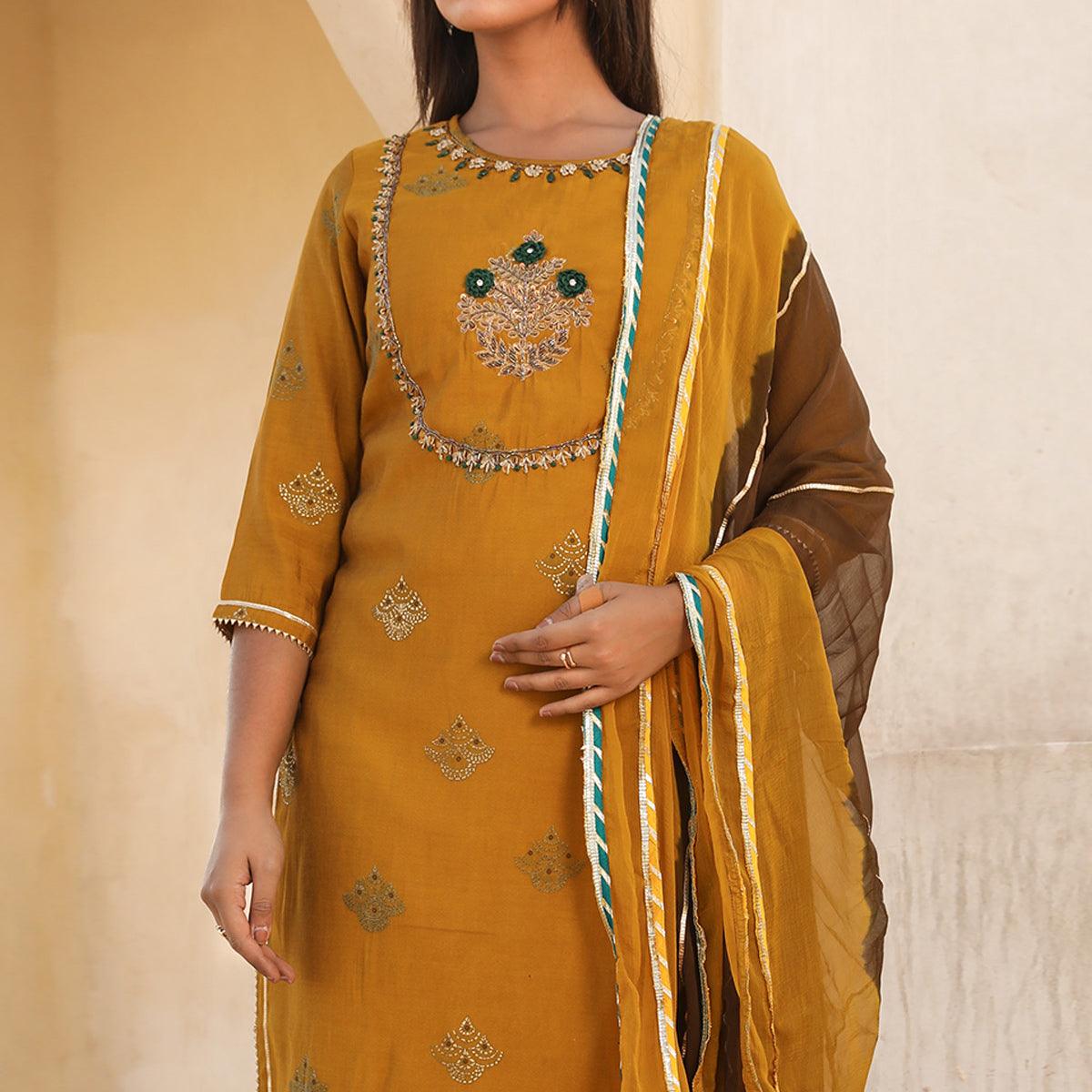 Mustard Embroidered Partywear Cotton Silk Kurti Pant Set With Dupatta - Peachmode