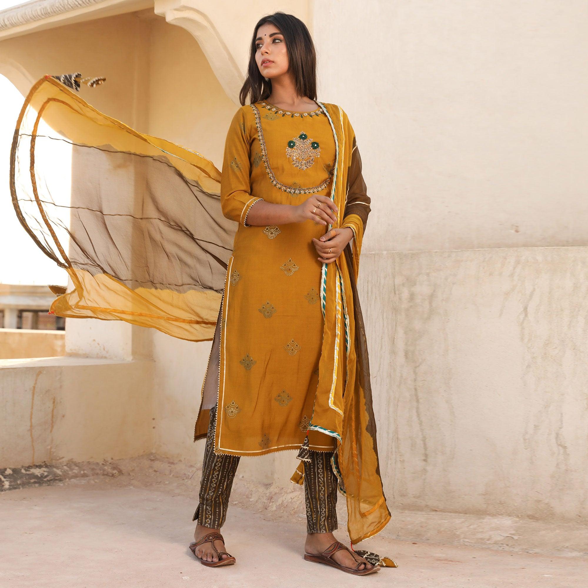 Mustard Embroidered Partywear Cotton Silk Kurti Pant Set With Dupatta - Peachmode