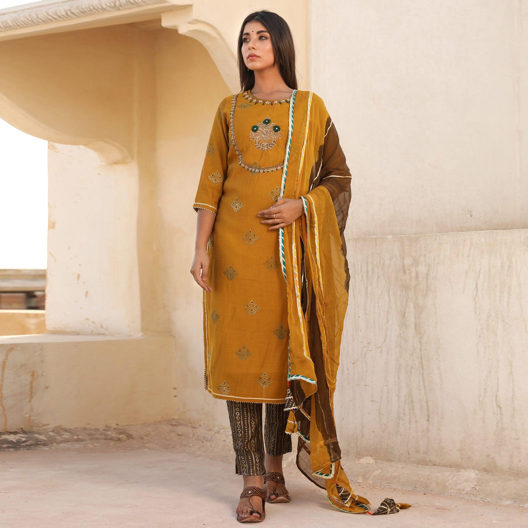 Mustard Embroidered Partywear Cotton Silk Kurti Pant Set With Dupatta - Peachmode