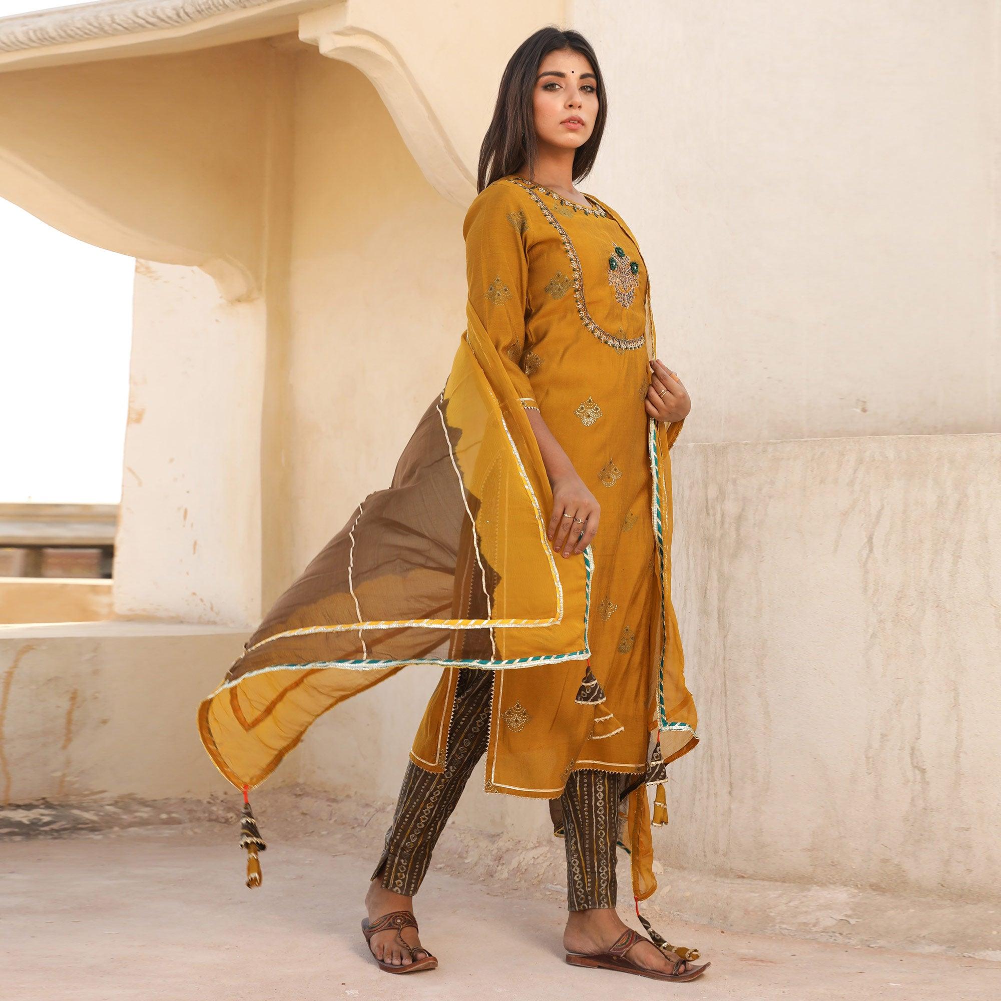 Mustard Embroidered Partywear Cotton Silk Kurti Pant Set With Dupatta - Peachmode