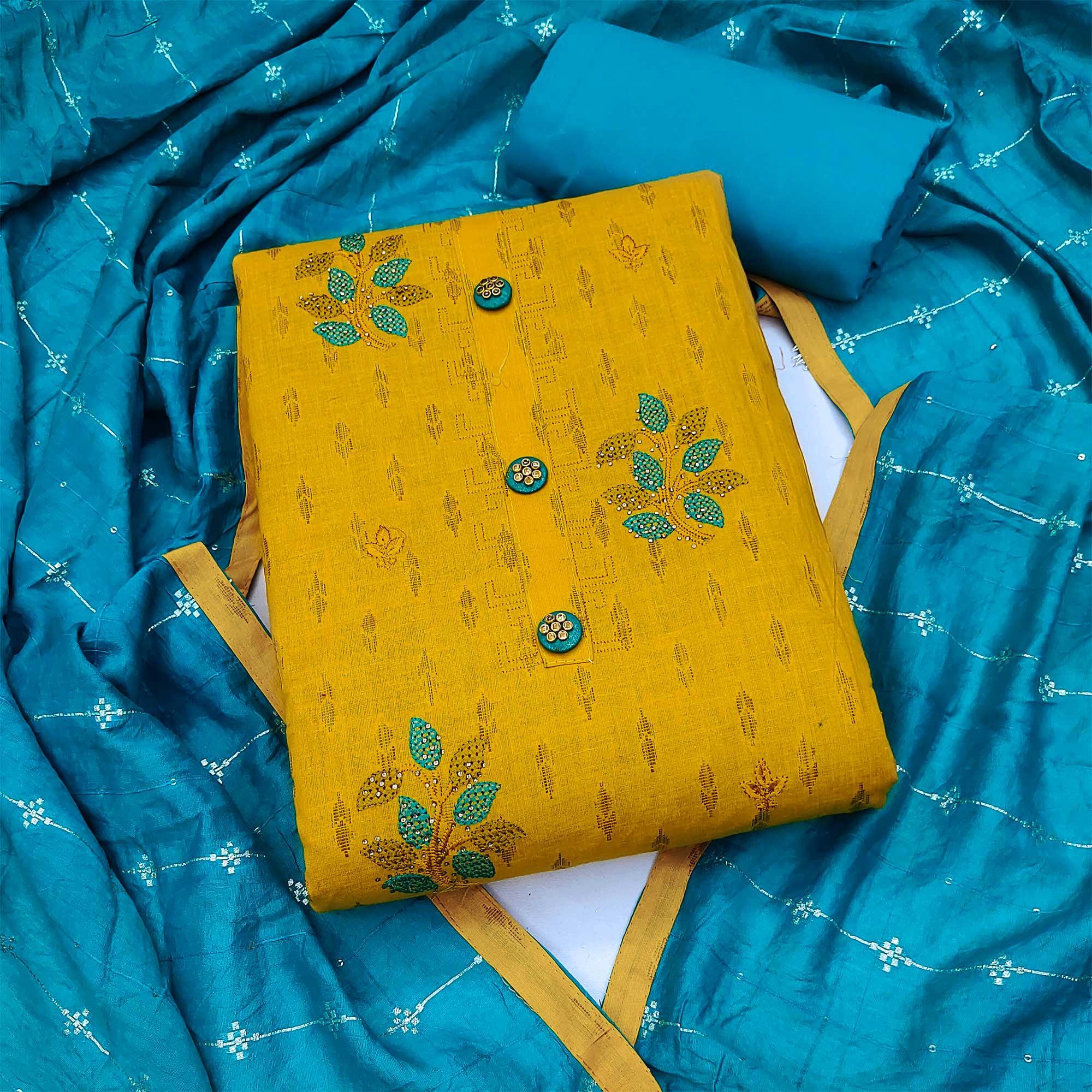 Mustard Embroidered Pure Cotton Dress Material - Peachmode