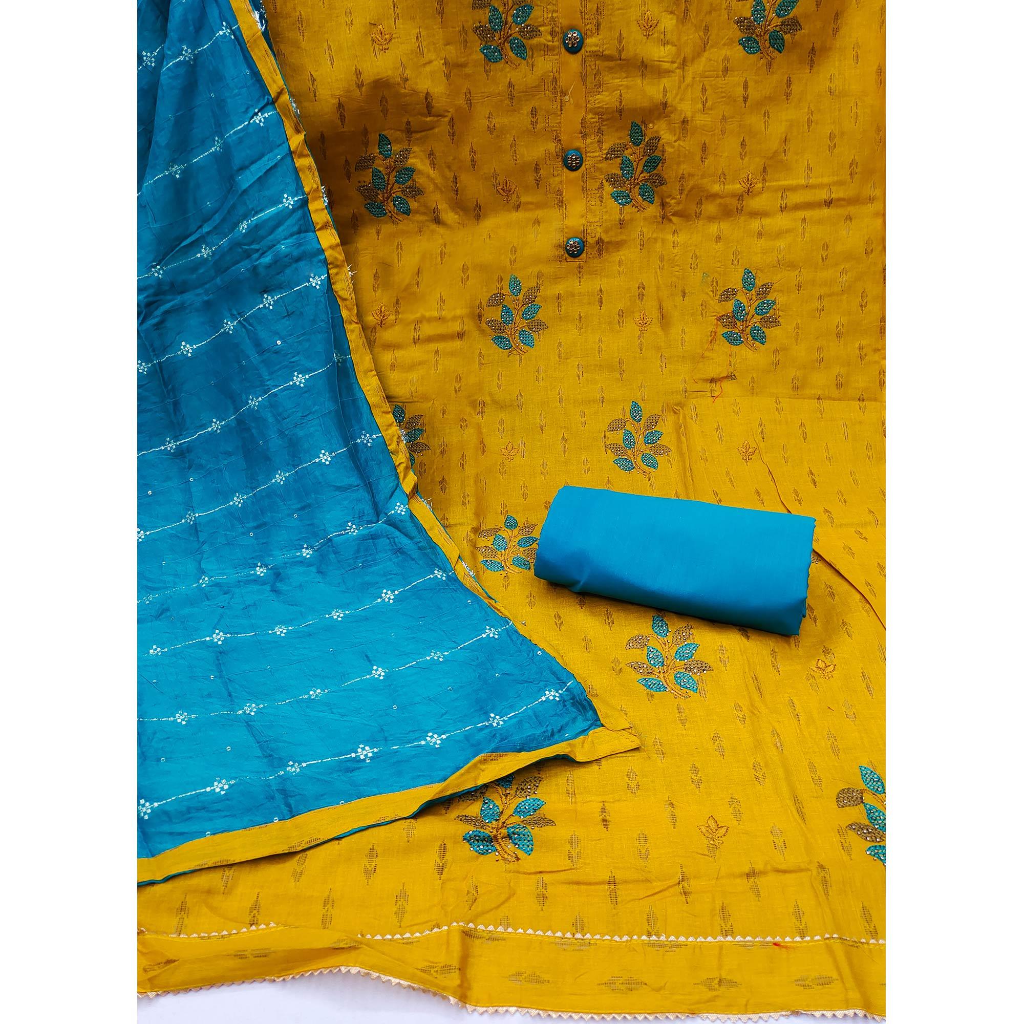 Mustard Embroidered Pure Cotton Dress Material - Peachmode