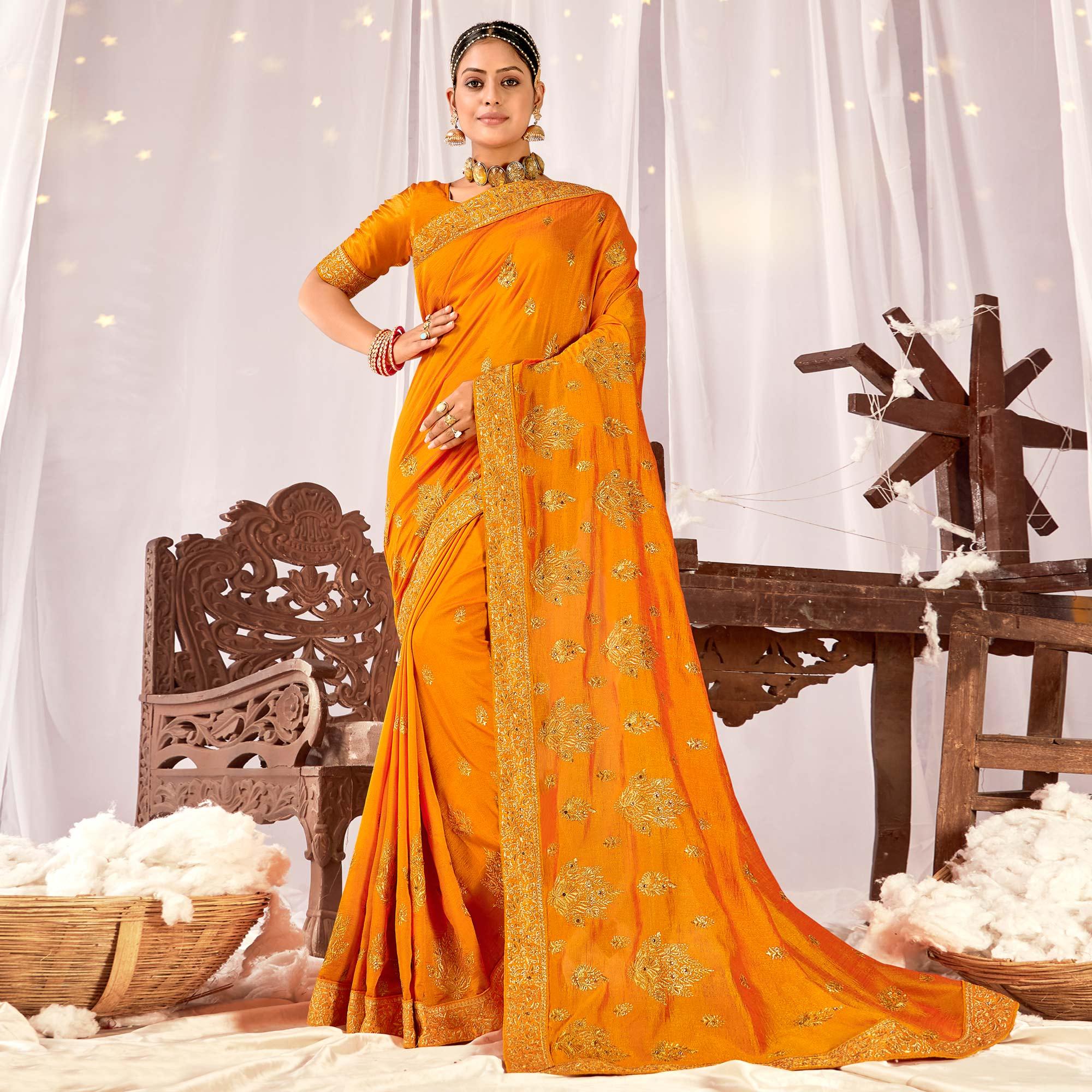 Mustard Embroidered Vichitra Silk Saree - Peachmode