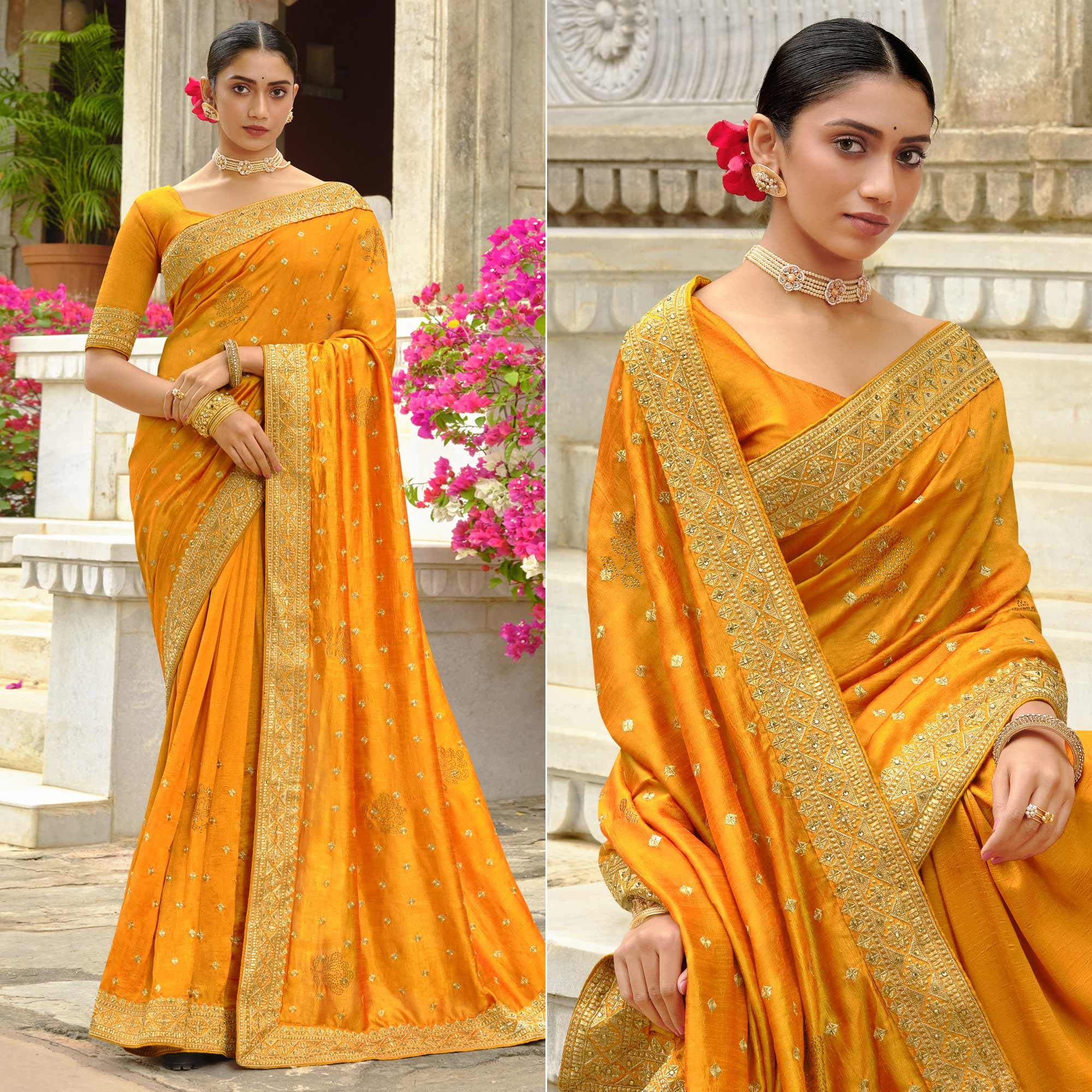 Mustard Embroidered Vichitra Silk Saree - Peachmode