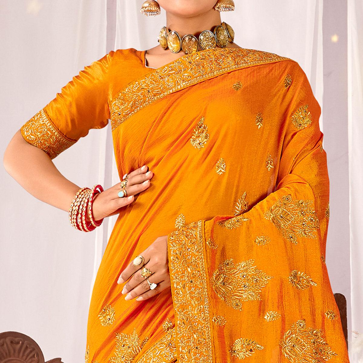 Mustard Embroidered Vichitra Silk Saree - Peachmode