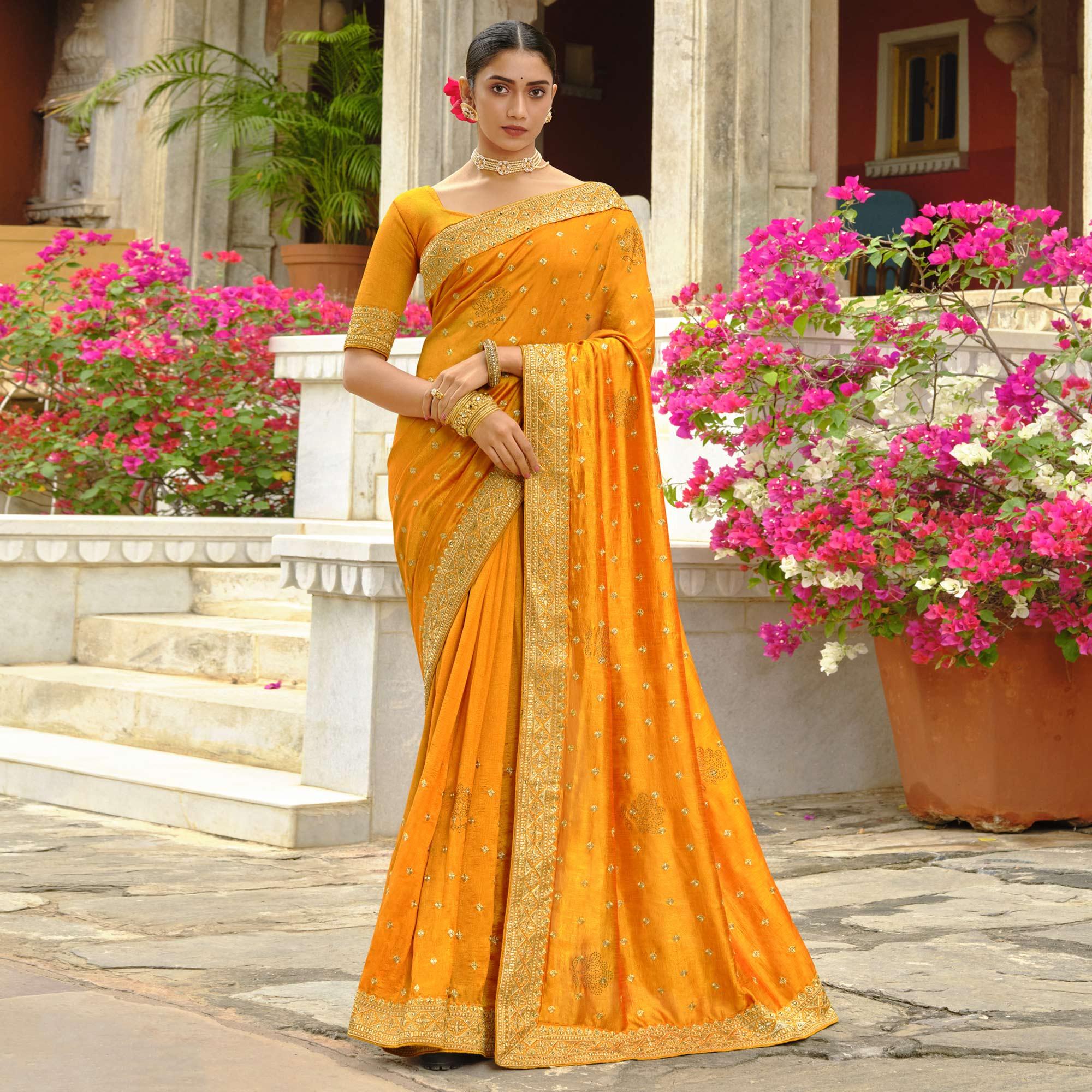 Mustard Embroidered Vichitra Silk Saree - Peachmode