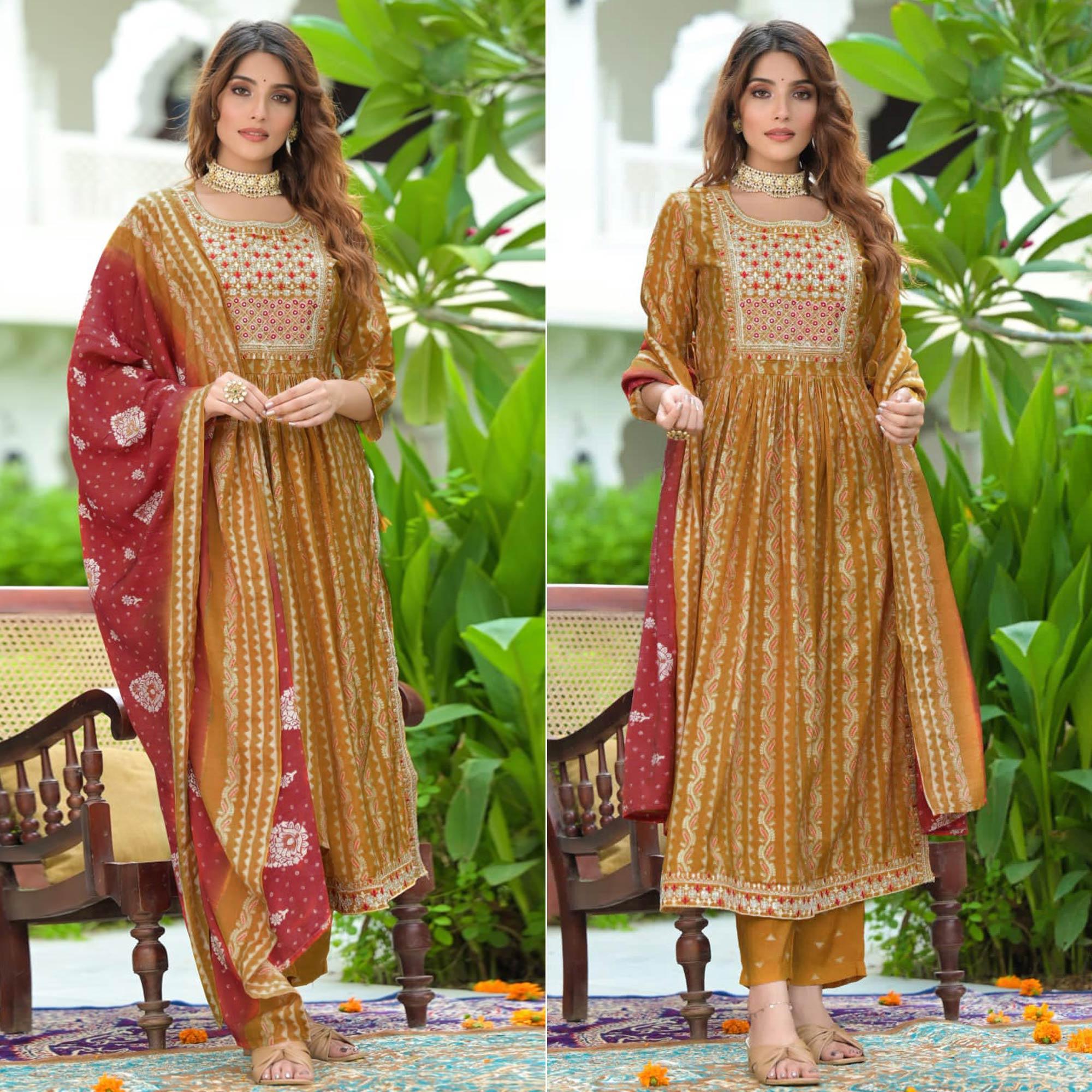 Mustard Embroidered With Embellished Chanderi Anarkali Suit - Peachmode