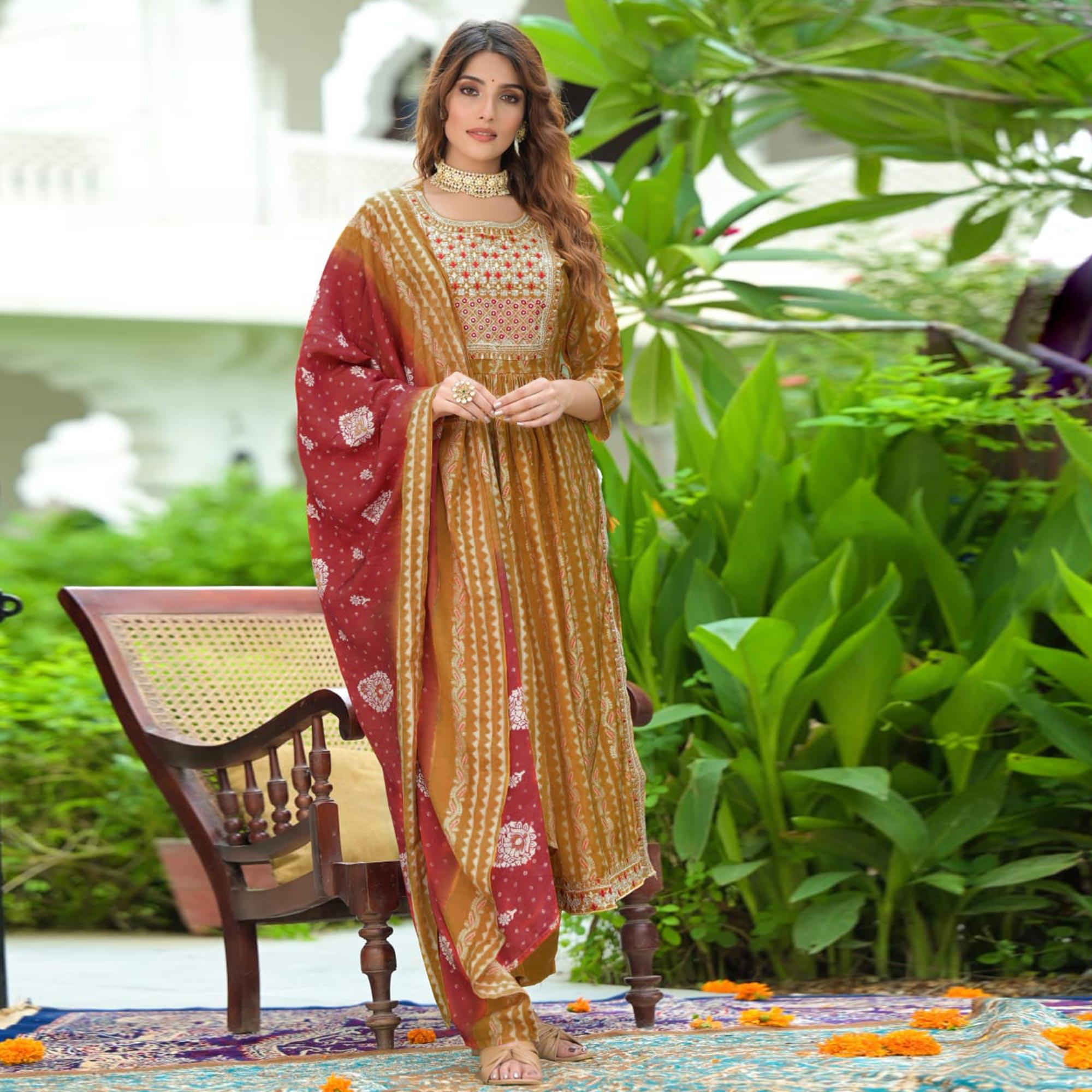 Mustard Embroidered With Embellished Chanderi Anarkali Suit - Peachmode