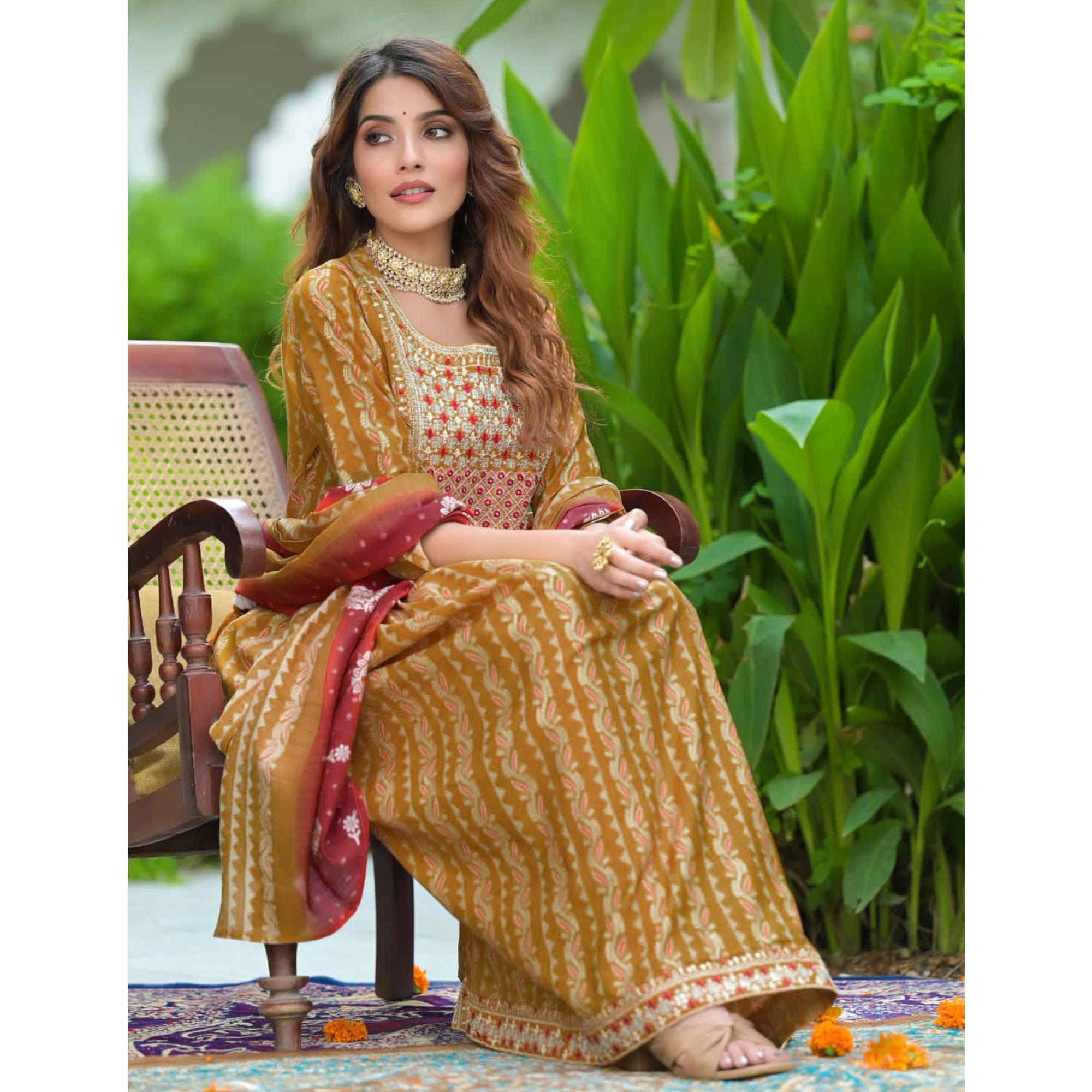 Mustard Embroidered With Embellished Chanderi Anarkali Suit - Peachmode