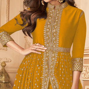 Mustard Embroidered With Embellished Georgette Straight Anarkali Suit - Peachmode