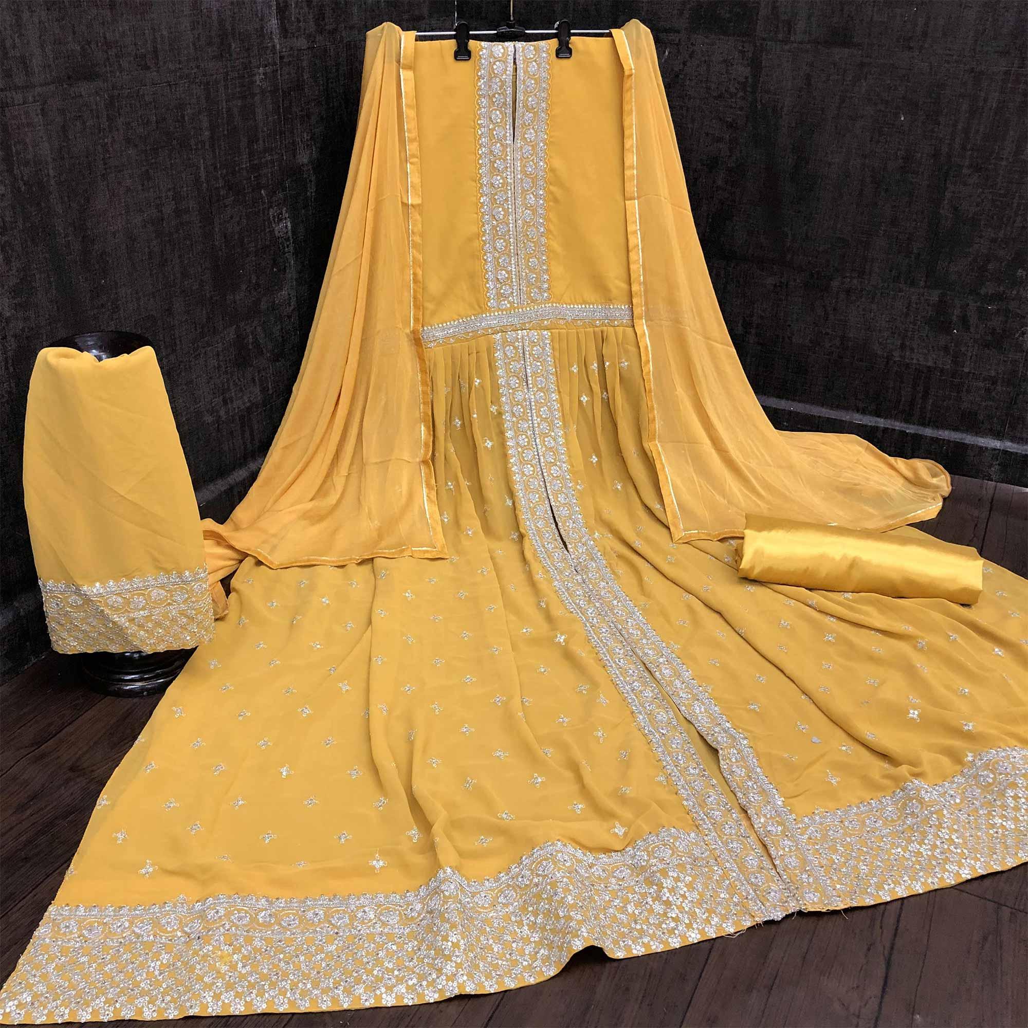 Mustard Embroidered With Embellished Georgette Straight Anarkali Suit - Peachmode